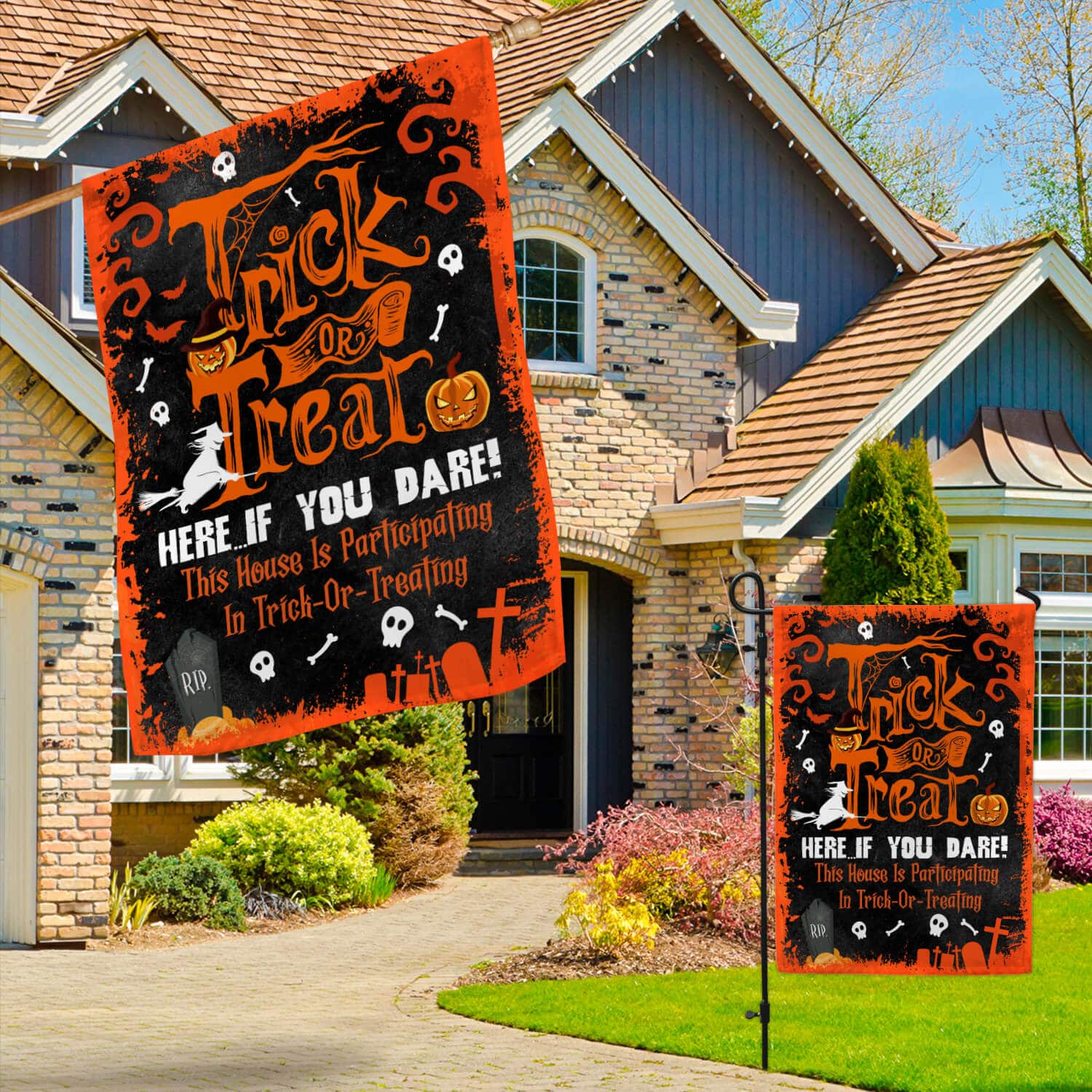 Trick Or Treat Here If You Dare Flag – Halloween Trick Or Treaters Garden Flag – House Flag