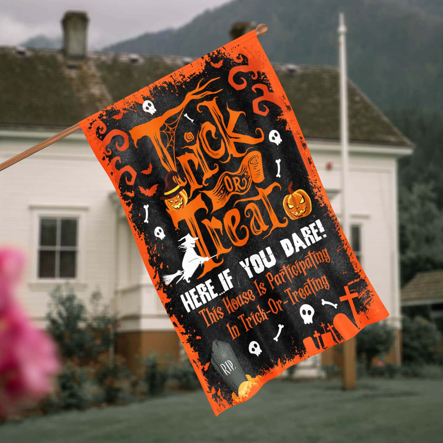 Trick Or Treat Here If You Dare Flag – Halloween Trick Or Treaters Garden Flag – House Flag