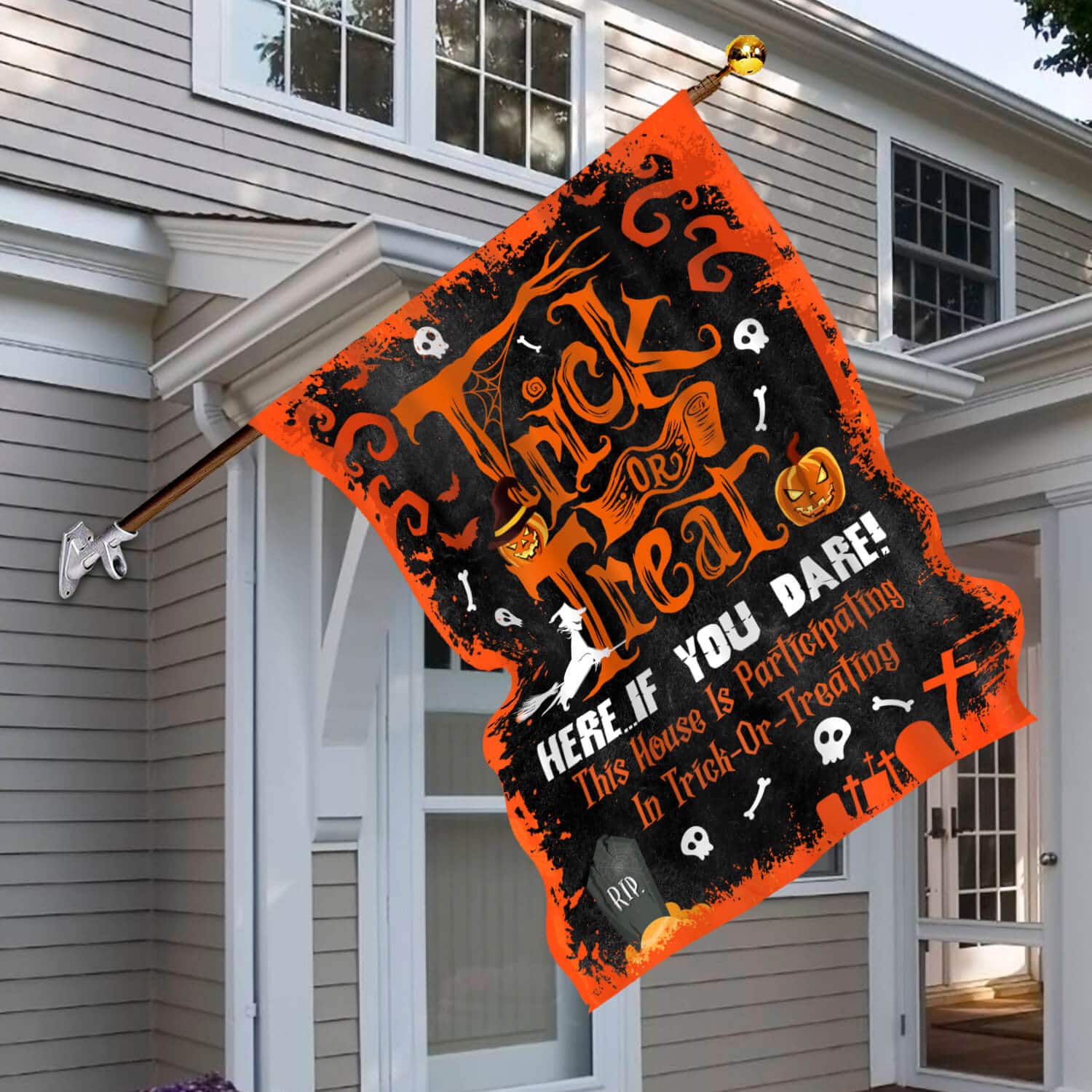 Trick Or Treat Here If You Dare Flag – Halloween Trick Or Treaters Garden Flag – House Flag