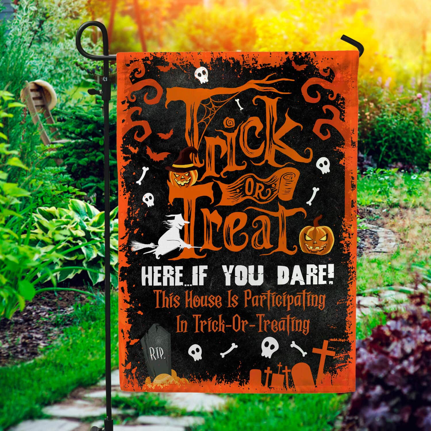 Trick Or Treat Here If You Dare Flag – Halloween Trick Or Treaters Garden Flag – House Flag