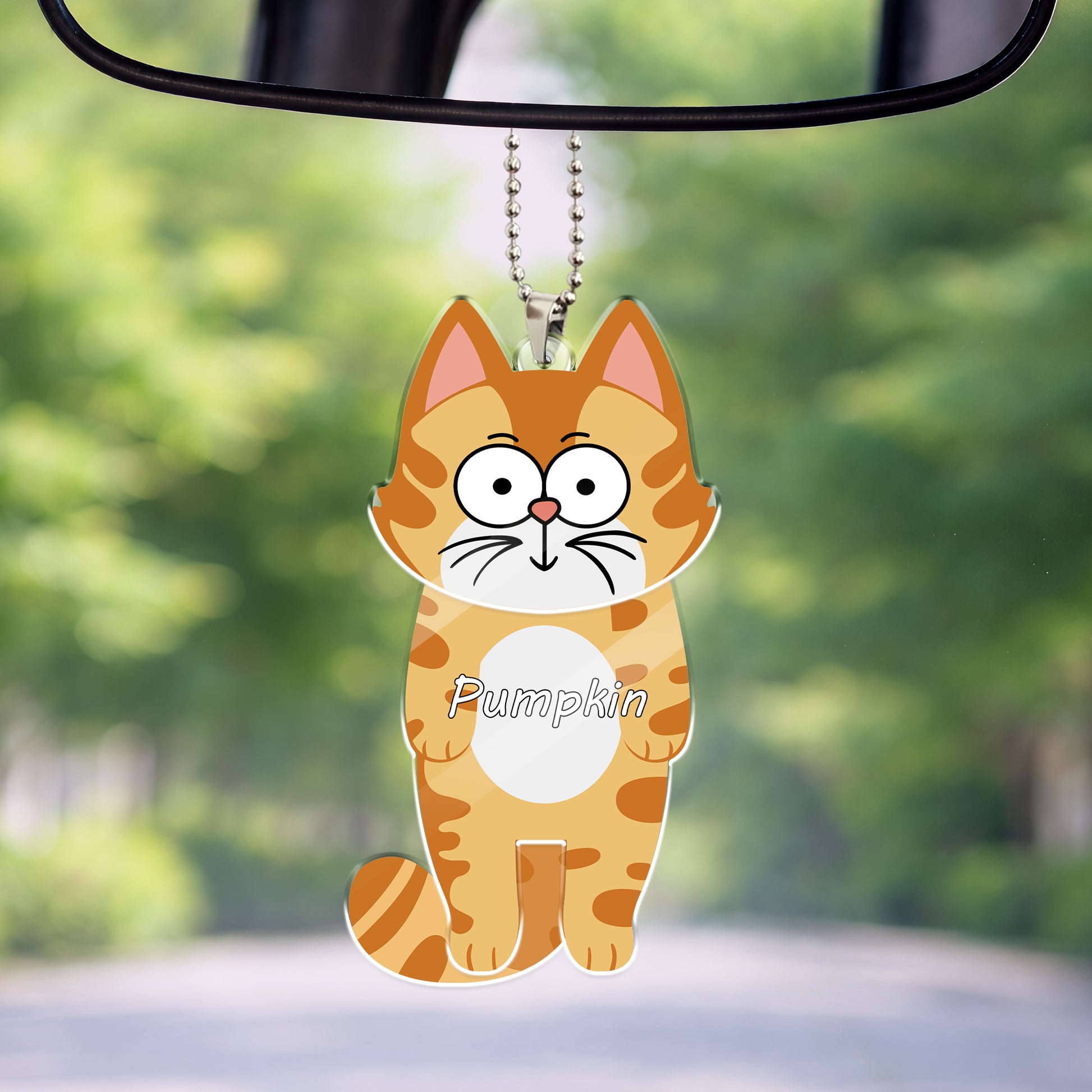 Personalized swaying cat car ornament with cute orange tabby design, hanging from rearview mirror, custom cat name “Pumpkin”, funny gift for cat lovers