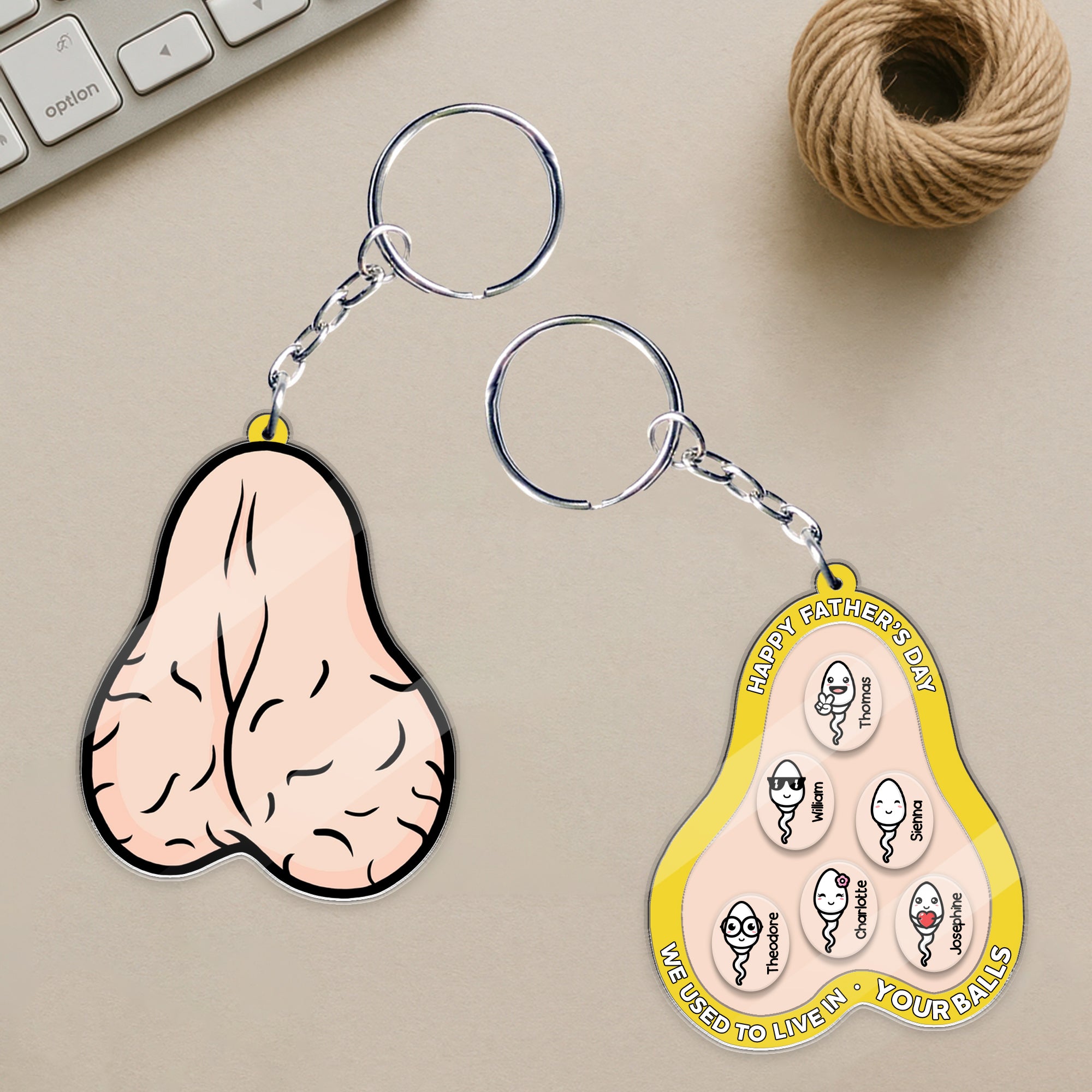 Personalized acrylic shaker keychain for Dad featuring cute family cartoon characters with custom names