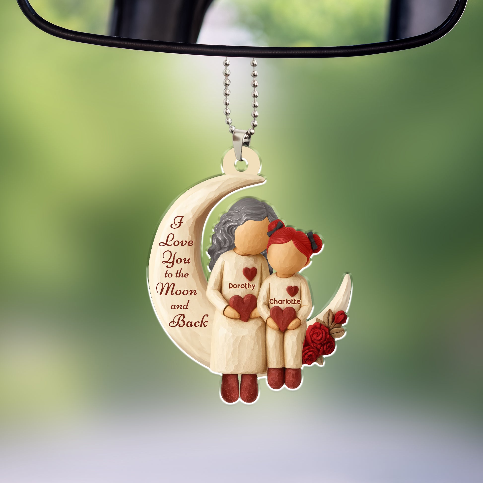 Custom grandmother car ornament hanging from rearview mirror, personalized names, crescent moon design