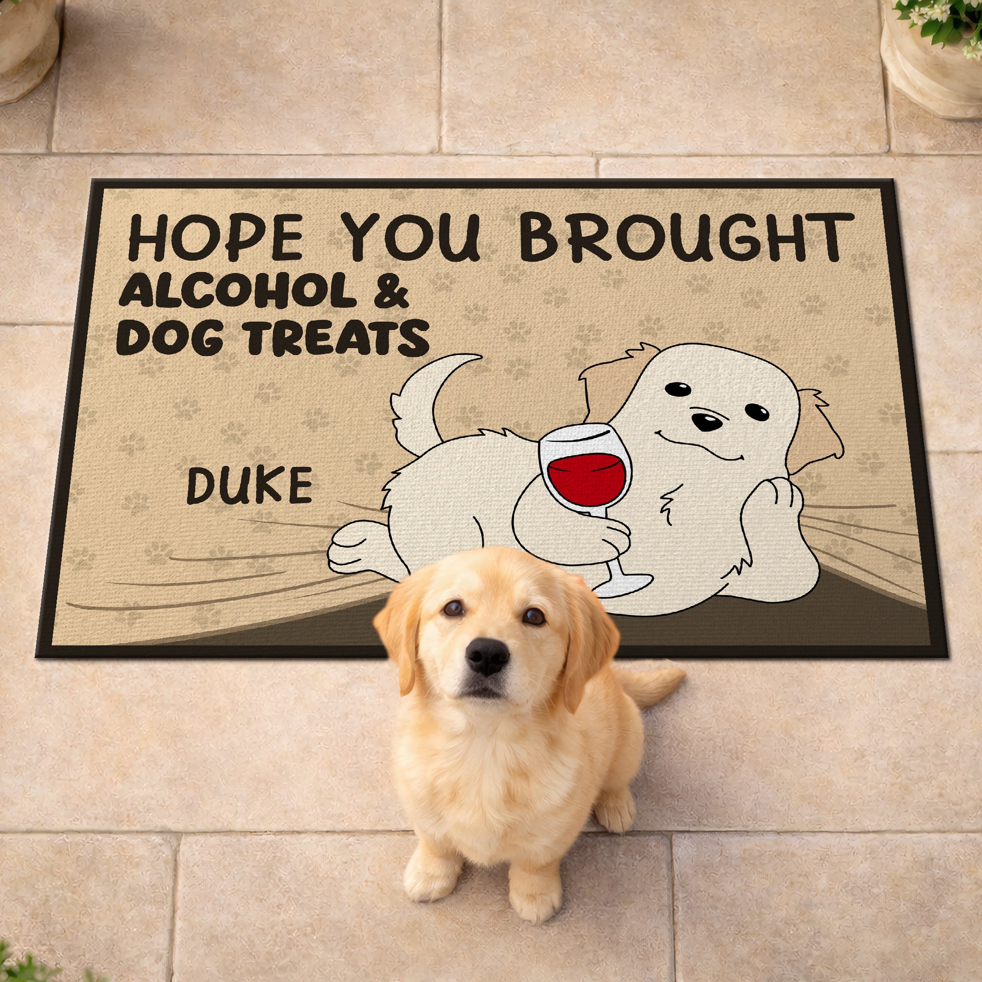 Custom Name Dog Doormat - Funny Alcohol & Dog Treats Welcome Mat for Dog Lovers