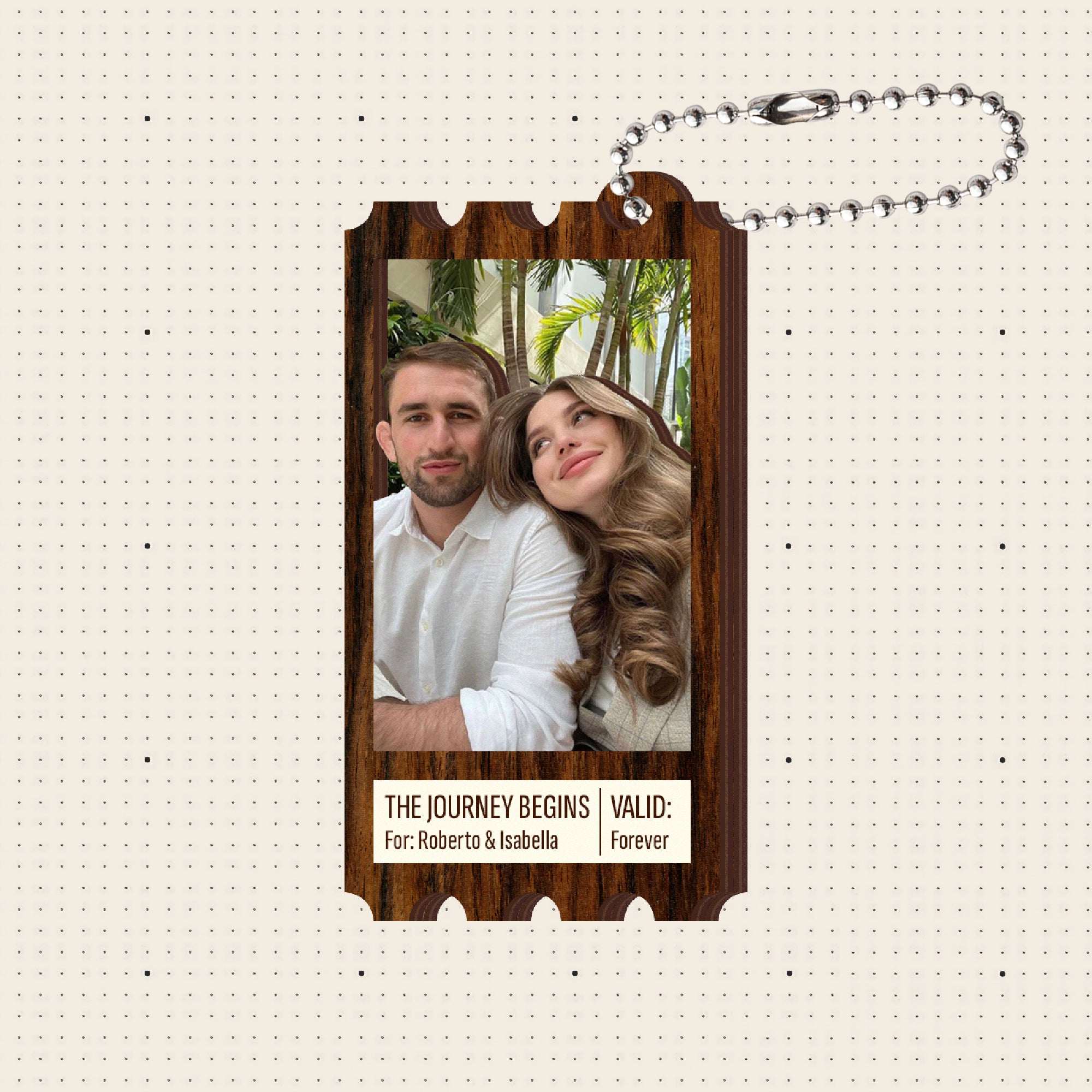 Personalized wooden keychain with double-layer photo design and couple names