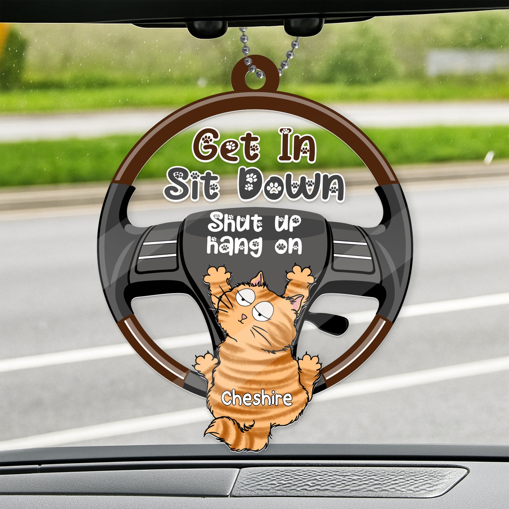 Rotating Car Mirror Ornament - Personalized Car Ornament for Cat Lovers - Get In Sit Down