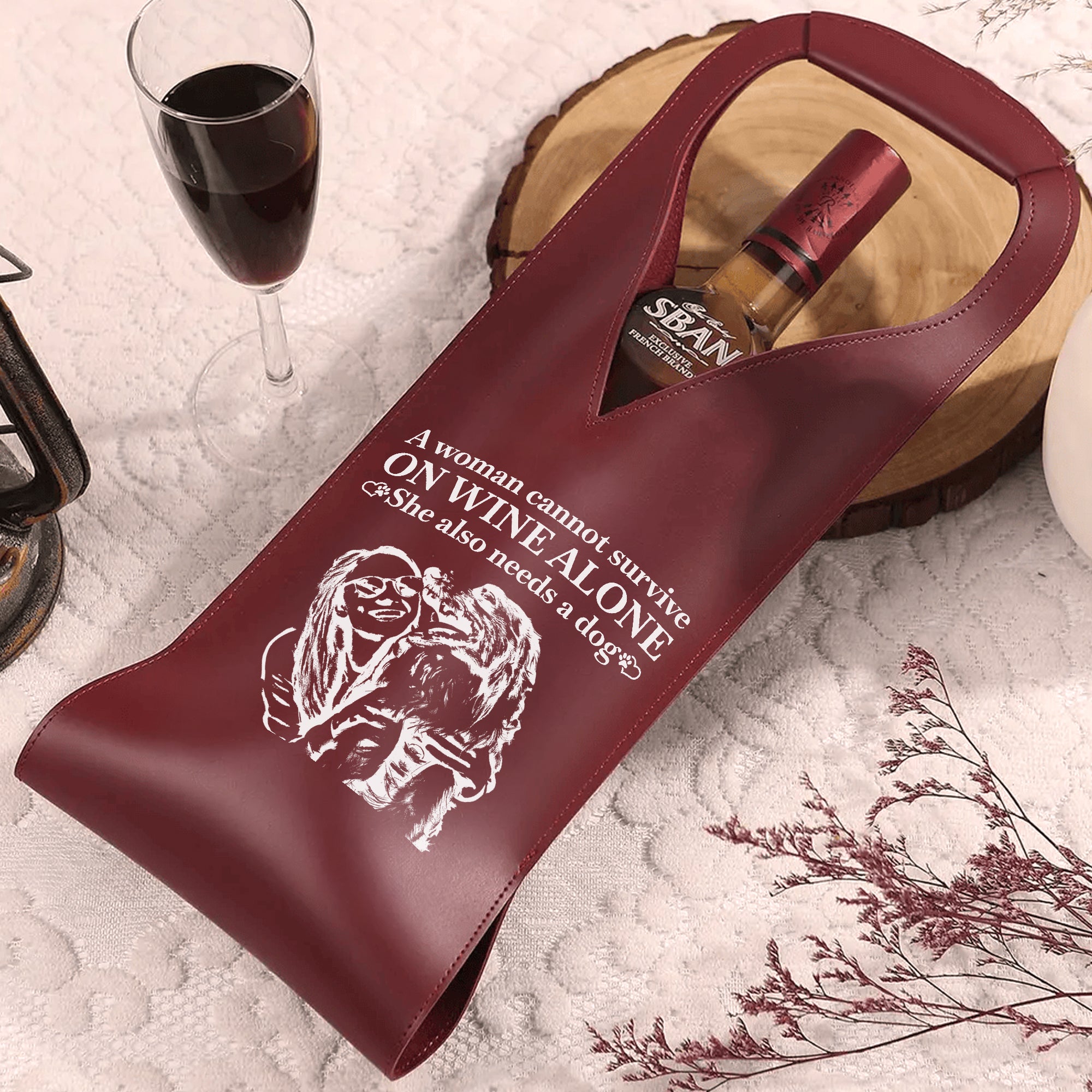 Personalized Leather Bottle Case for Wine – Funny Dog Lover Gift & Custom Wine Carrier