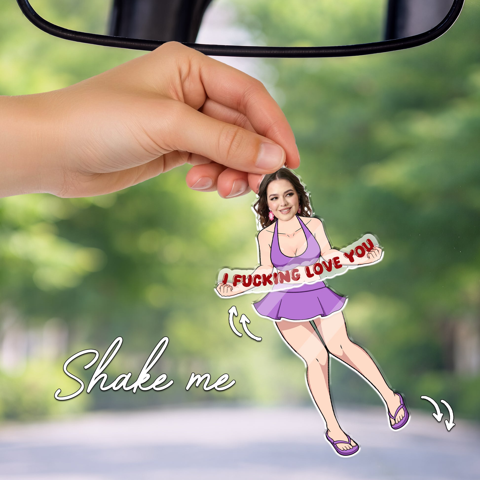 Personalized swaying car ornament with custom photo, funny drive safe gift featuring a woman design with shaking legs and bold message