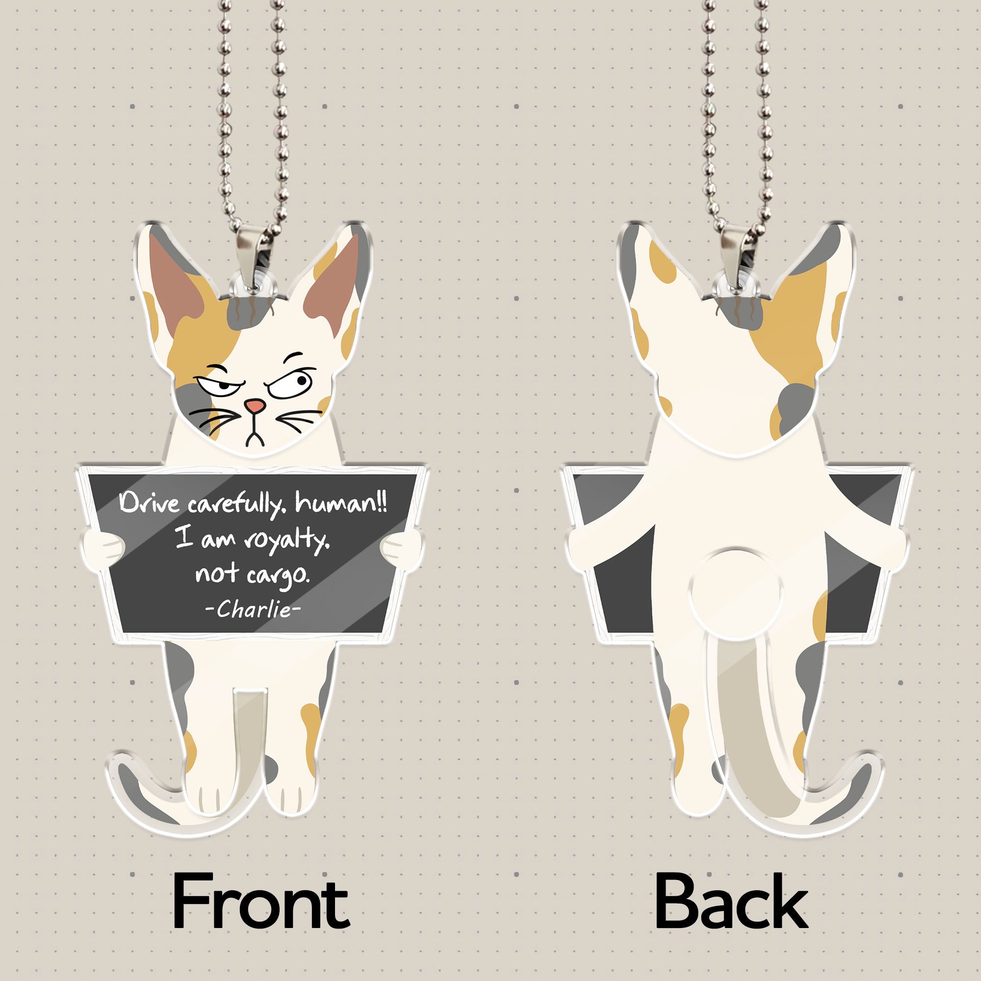 Front and back view of personalized cat swaying ornament made of acrylic, double-sided printed car hanging decor