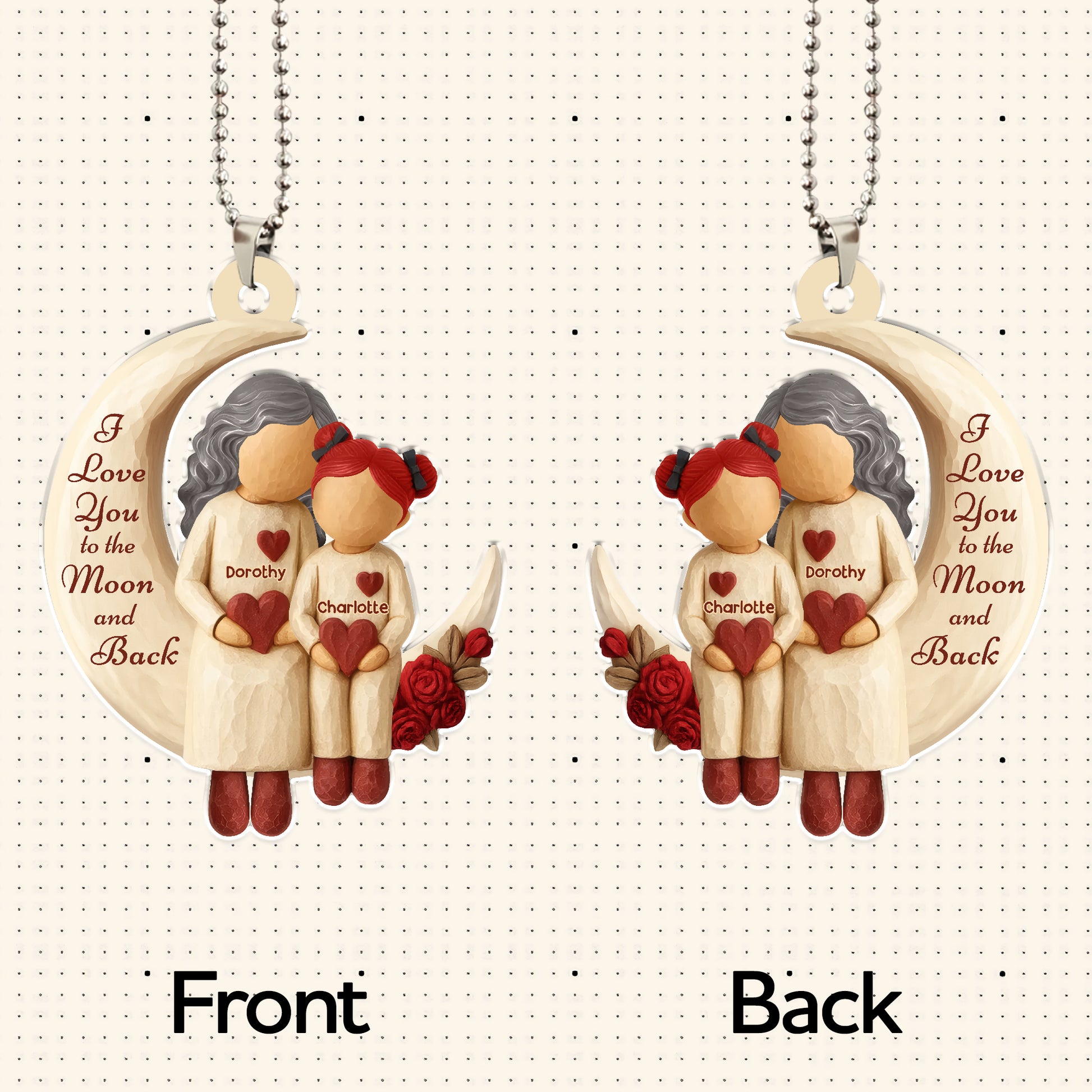 Personalized grandmother car ornament showing front and back design with names and “I love you to the moon and back” text