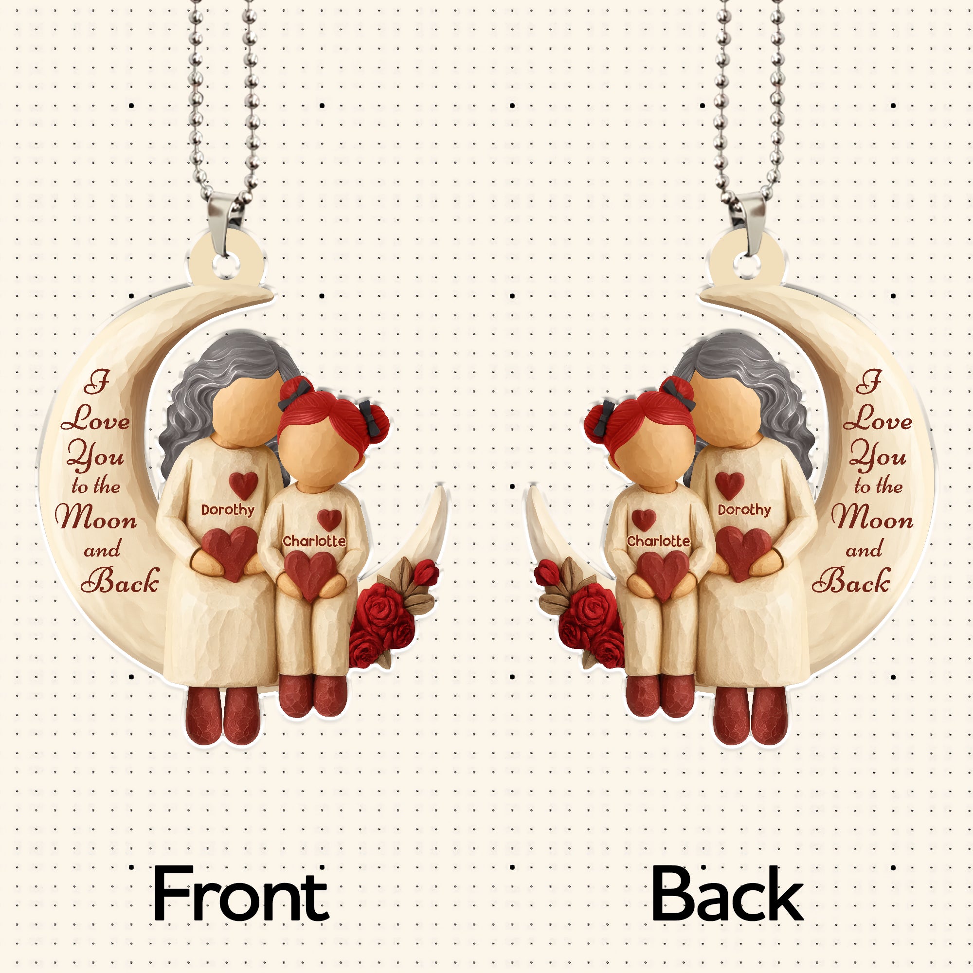 Personalized grandmother car ornament showing front and back design with names and “I love you to the moon and back” text