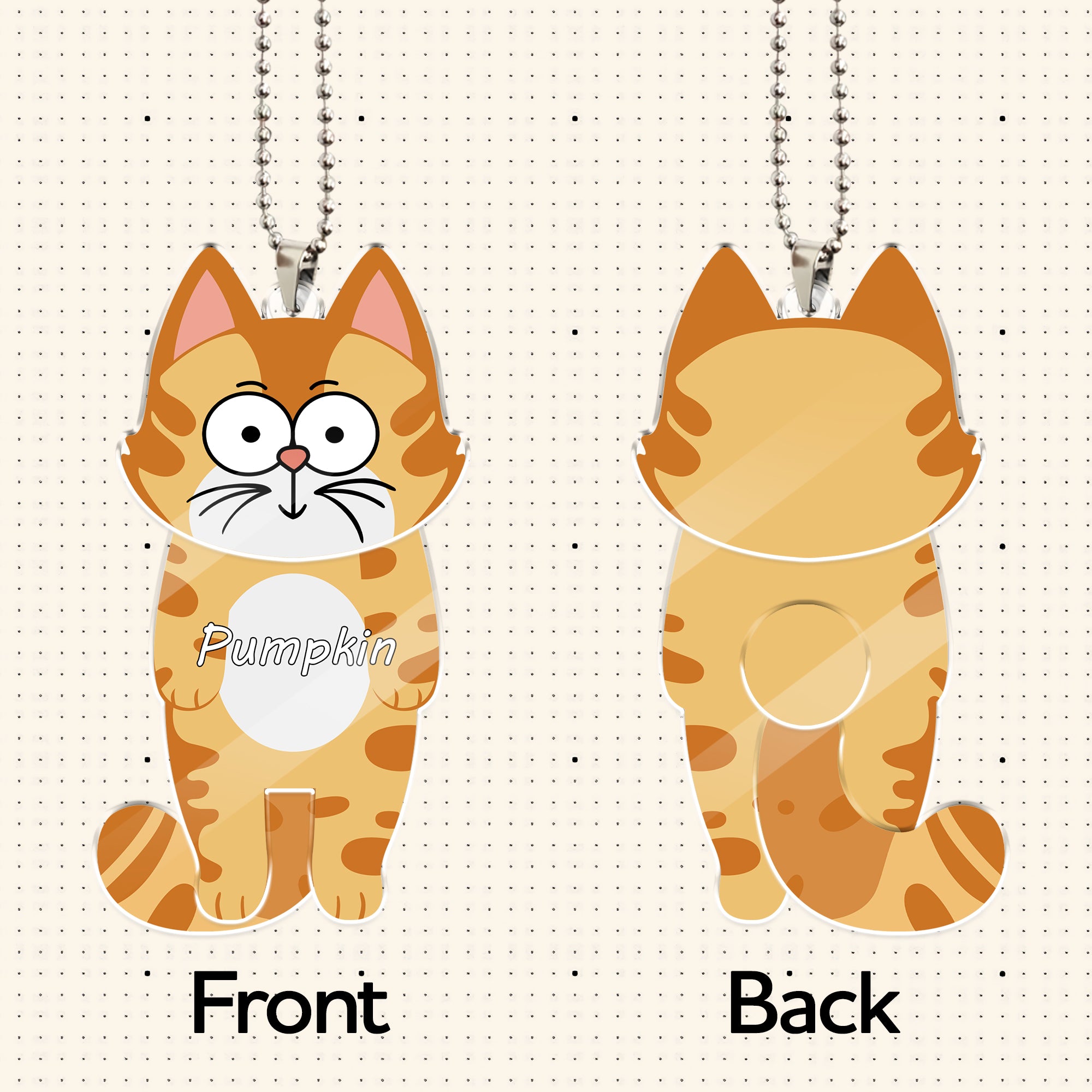 Front and back view of personalized acrylic cat swaying ornament, cartoon orange cat with movable body and clear back panel, custom name option for cat lovers