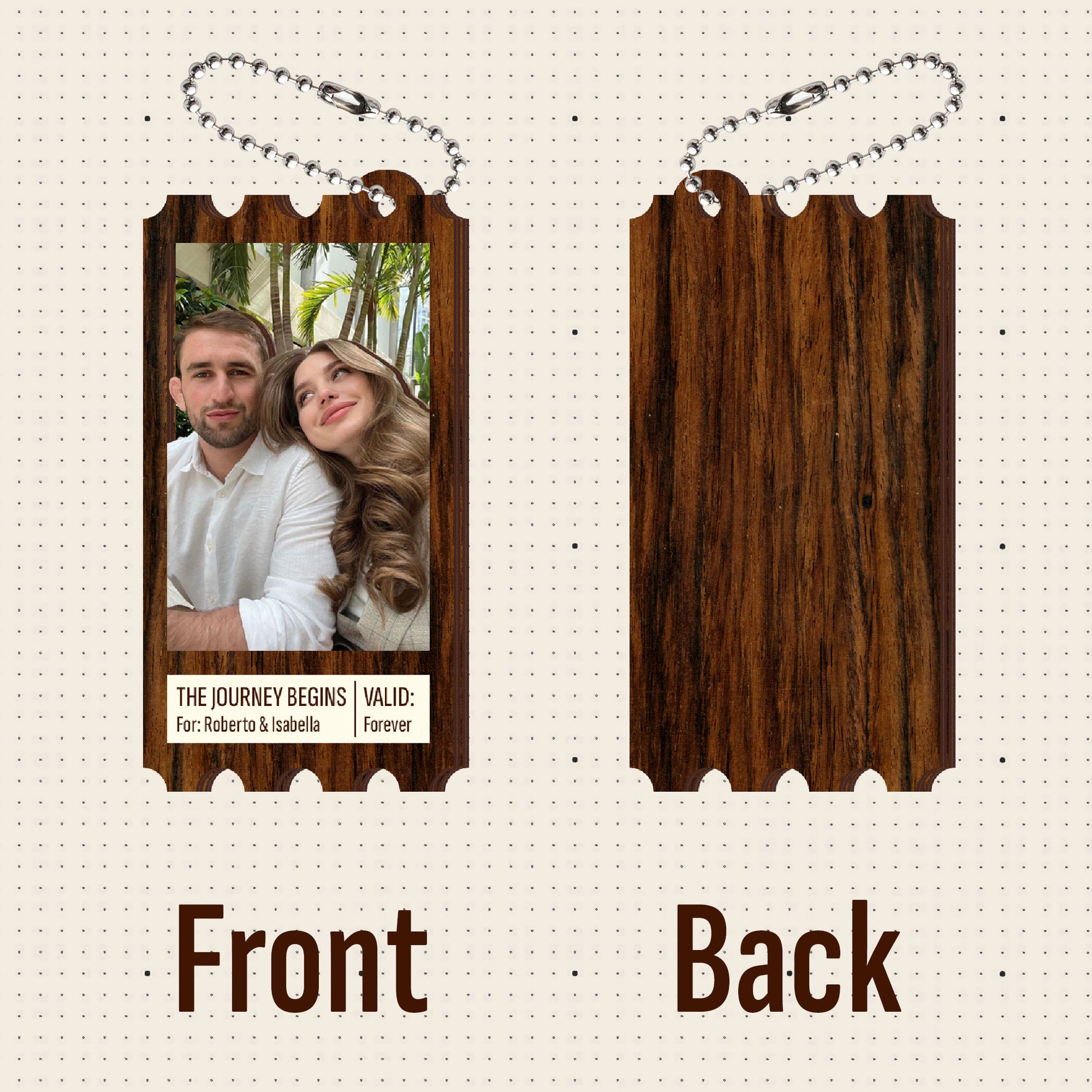 Front and back view of personalized wooden keychain featuring custom couple photo and natural wood back