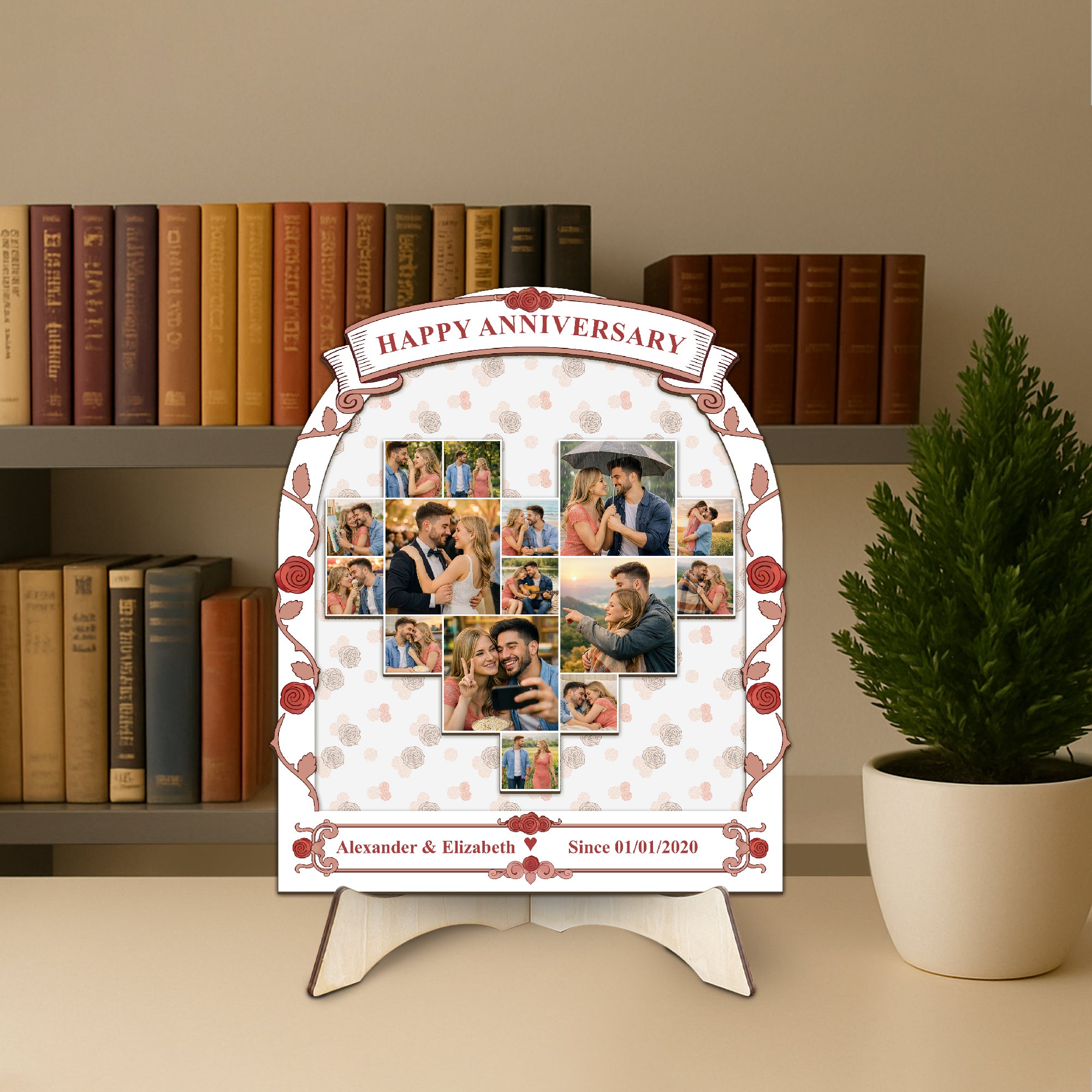 Personalized Days In Love wooden couple tracker sign with heart-shaped photo collage, rose frame, custom names and anniversary date displayed on a bookshelf.