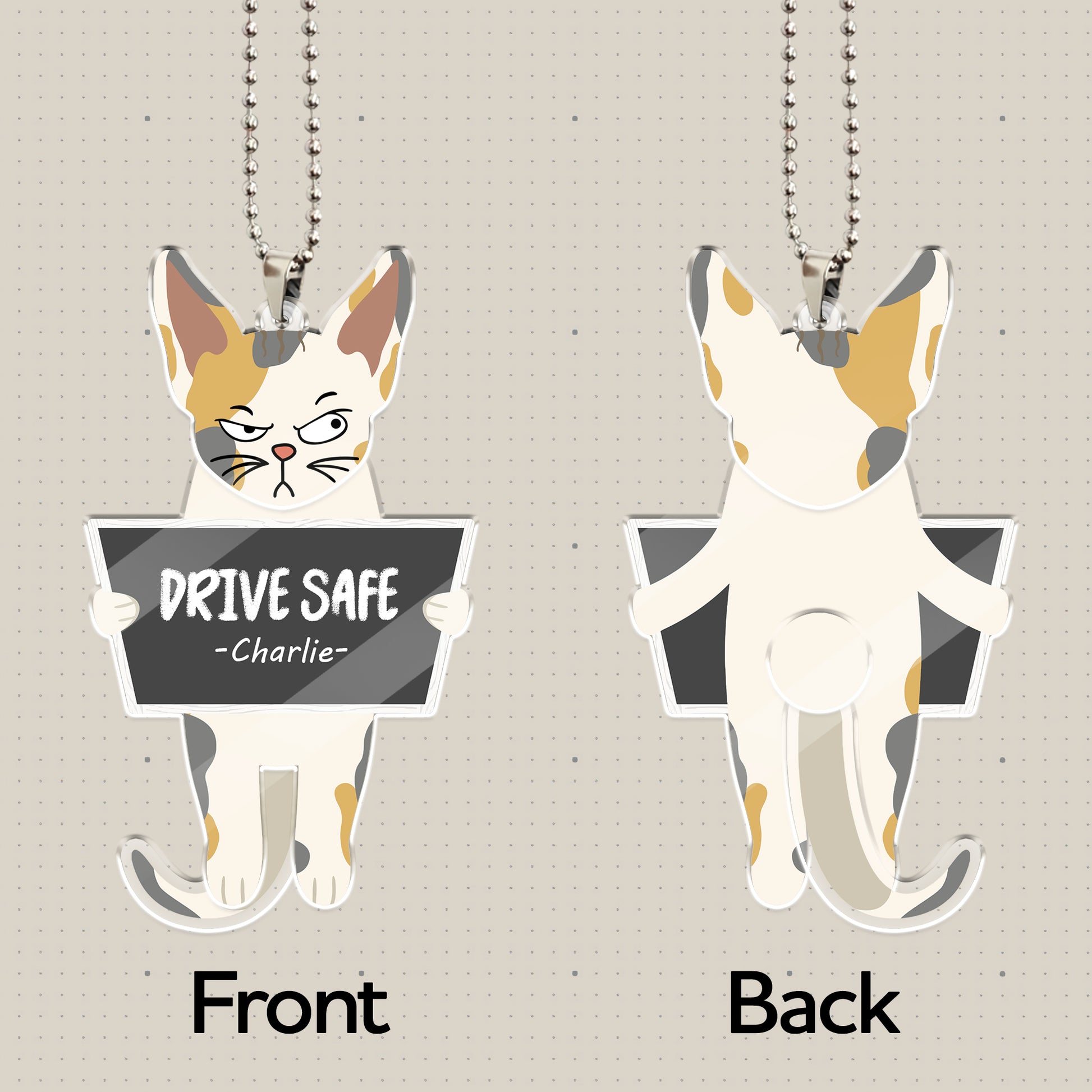 Front and back view of a personalized acrylic swaying cat ornament, showing detailed printing and movable bottom for shaking effect.