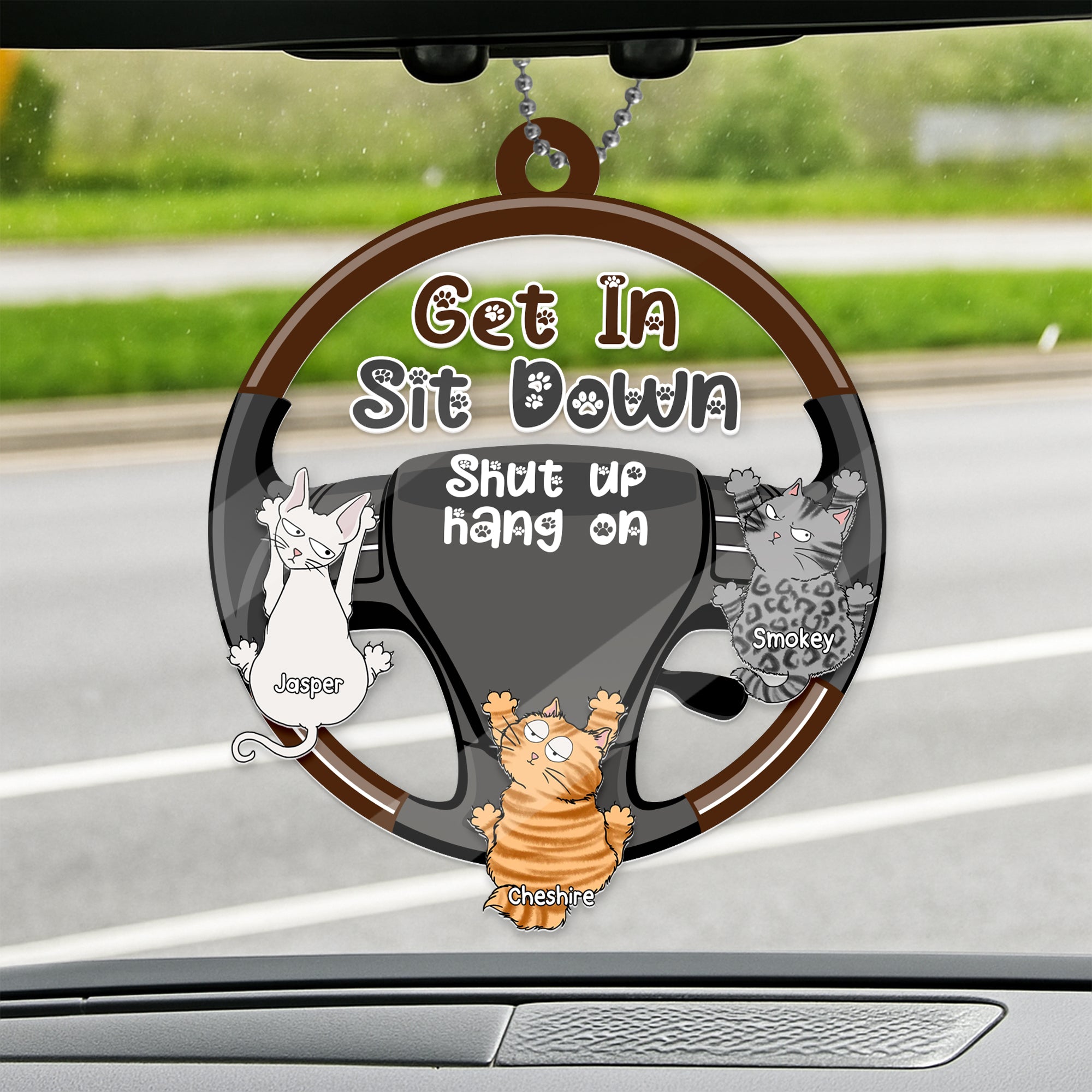 Rotating Car Mirror Ornament - Personalized Car Ornament for Cat Lovers - Get In Sit Down