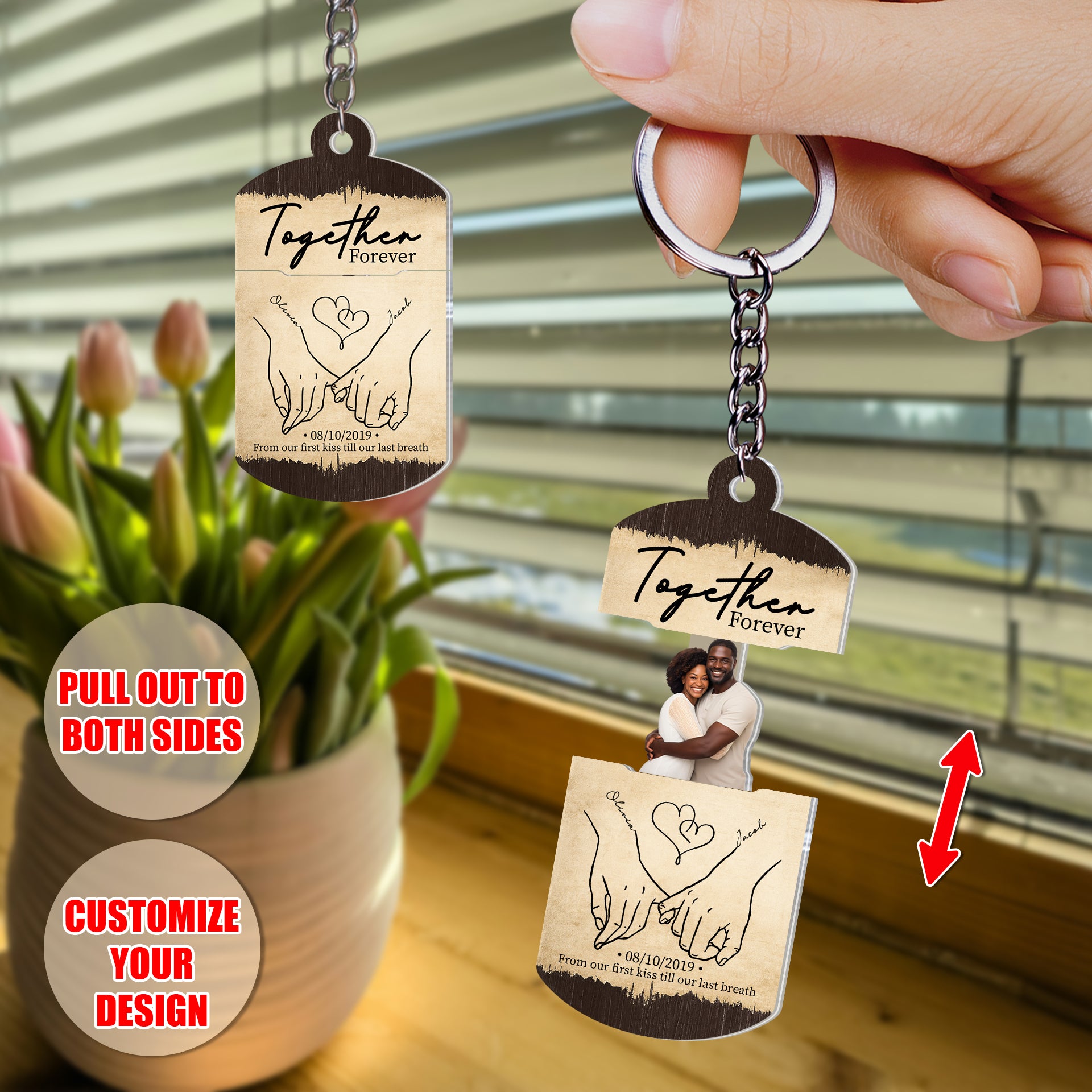 Sliding Reveal Keychain - Personalized Acrylic Keychain for Couple - Together Forever - Customize Photo