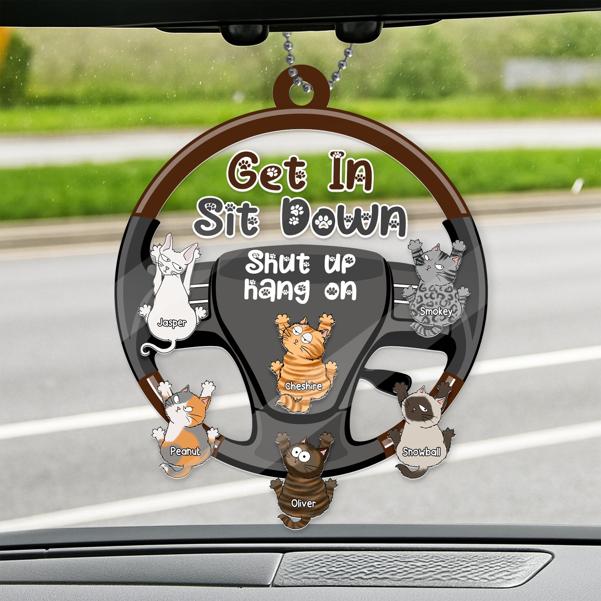 Personalized Rotating Car Ornament for Cat Lovers with funny Get In Sit Down message and custom cat names