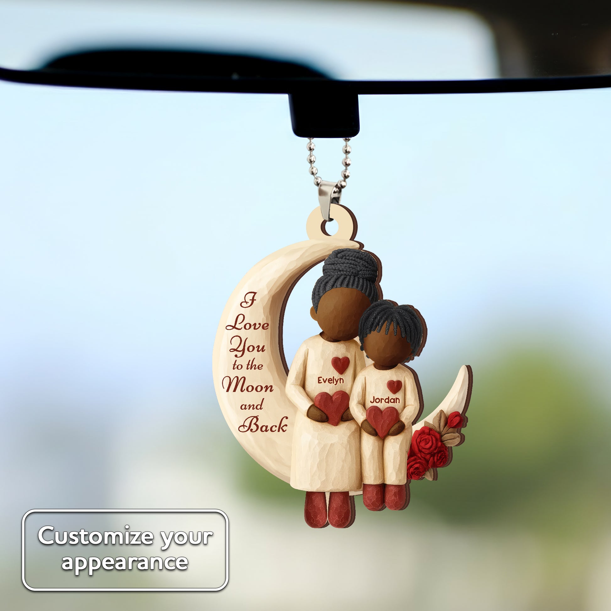 Personalized grandmother and grandchild car ornament with custom names, available in wood or acrylic