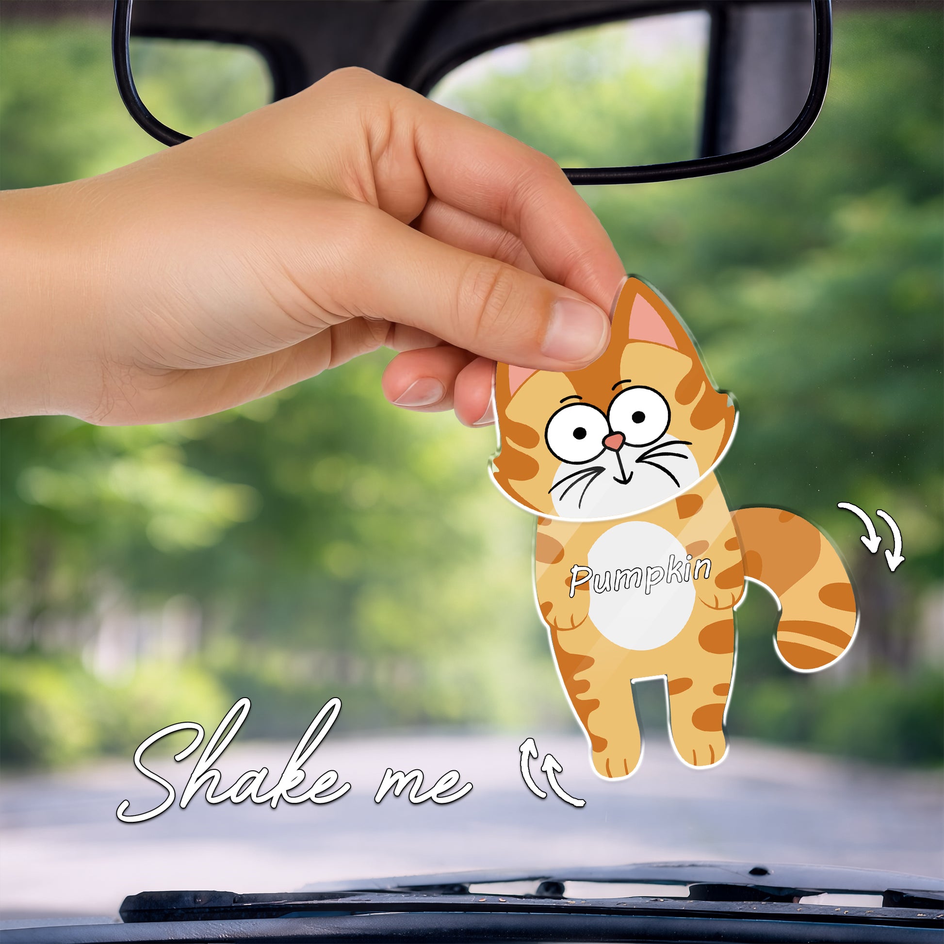Hand shaking personalized cat car ornament with movable swaying body, cute orange cat design with custom name, funny hanging accessory for cat lovers