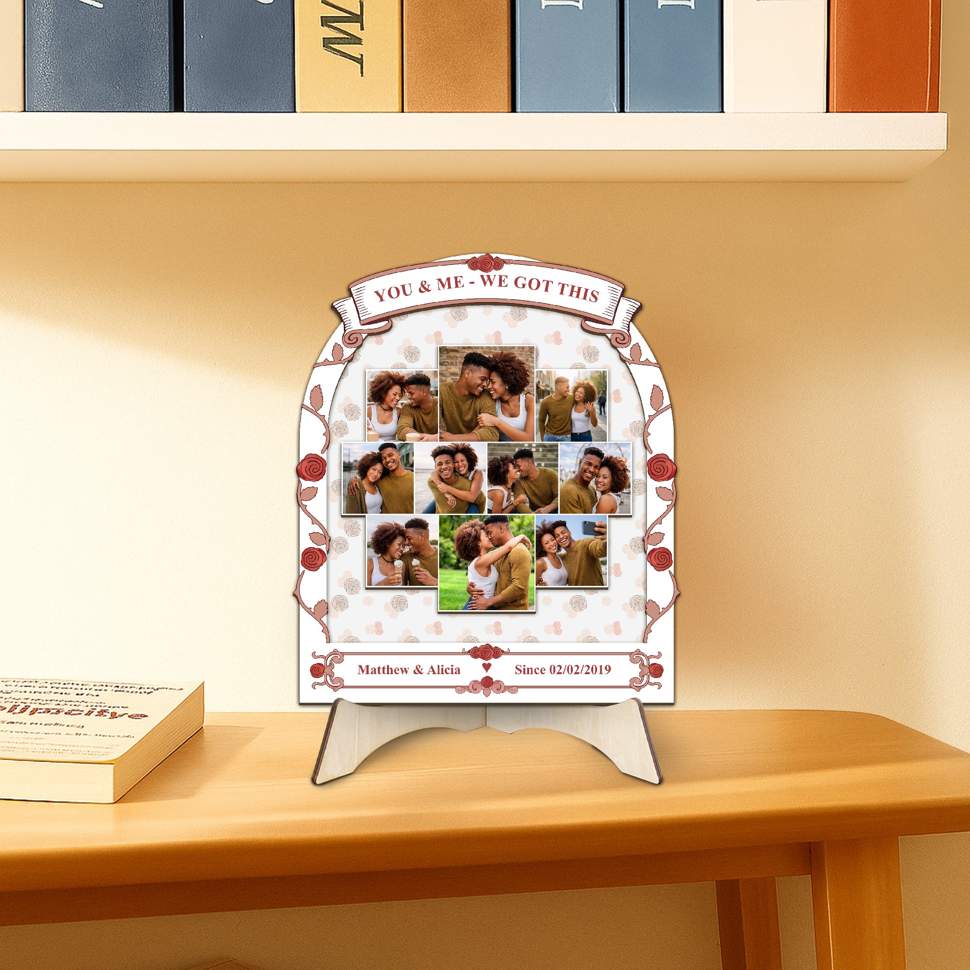 Days In Love personalized wooden anniversary sign with heart photo collage, custom couple names, and “Since” date displayed on a wooden shelf.