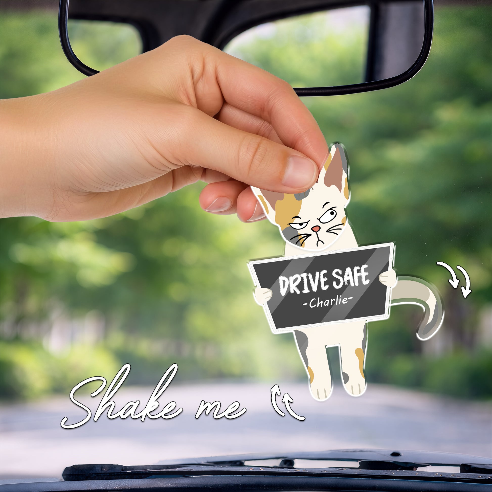 Interactive acrylic car ornament with a shaking bottom design, showing a personalized cat holding a Drive Safe sign while swaying.
