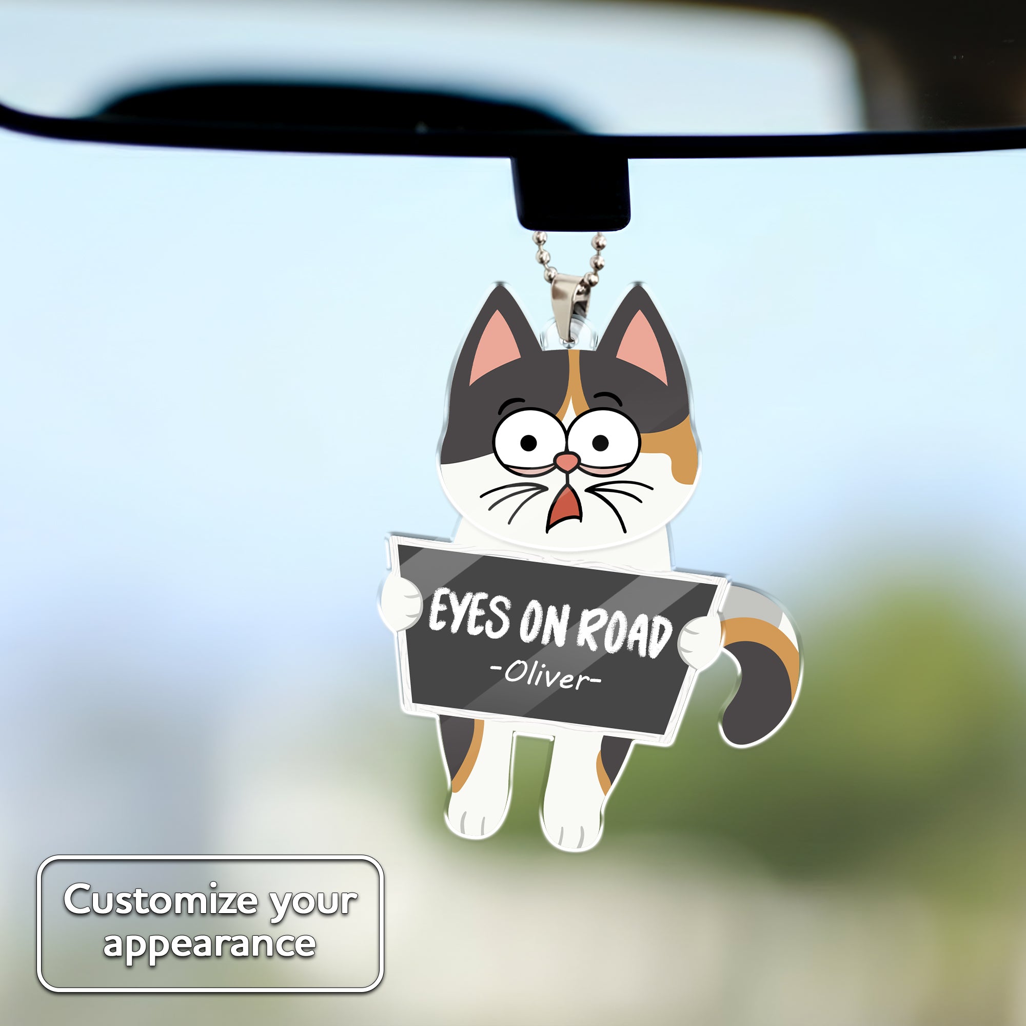 Custom cat car ornament with funny expression and personalized message, made from acrylic and designed to gently sway while driving.