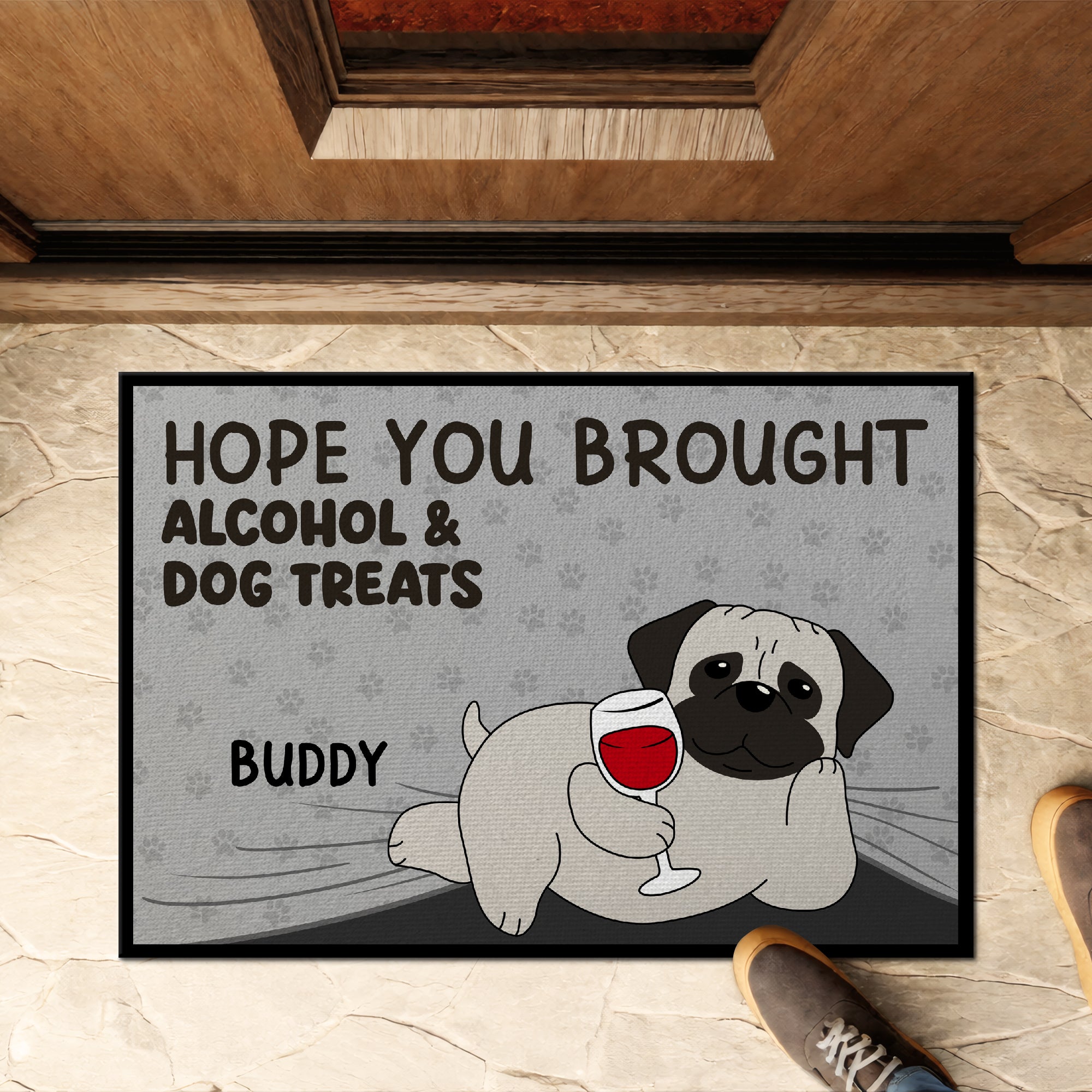 Custom Name Dog Doormat - Funny Alcohol & Dog Treats Welcome Mat for Dog Lovers