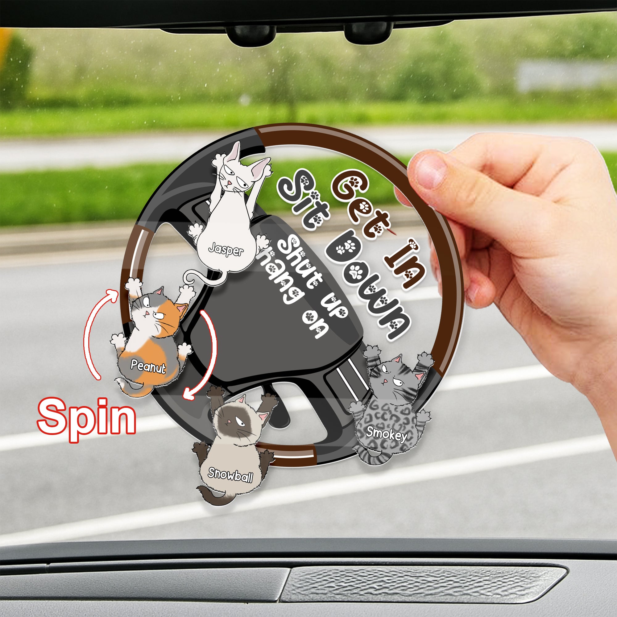Custom spinning car mirror ornament featuring multiple cartoon cats and 2-layer 3D effect