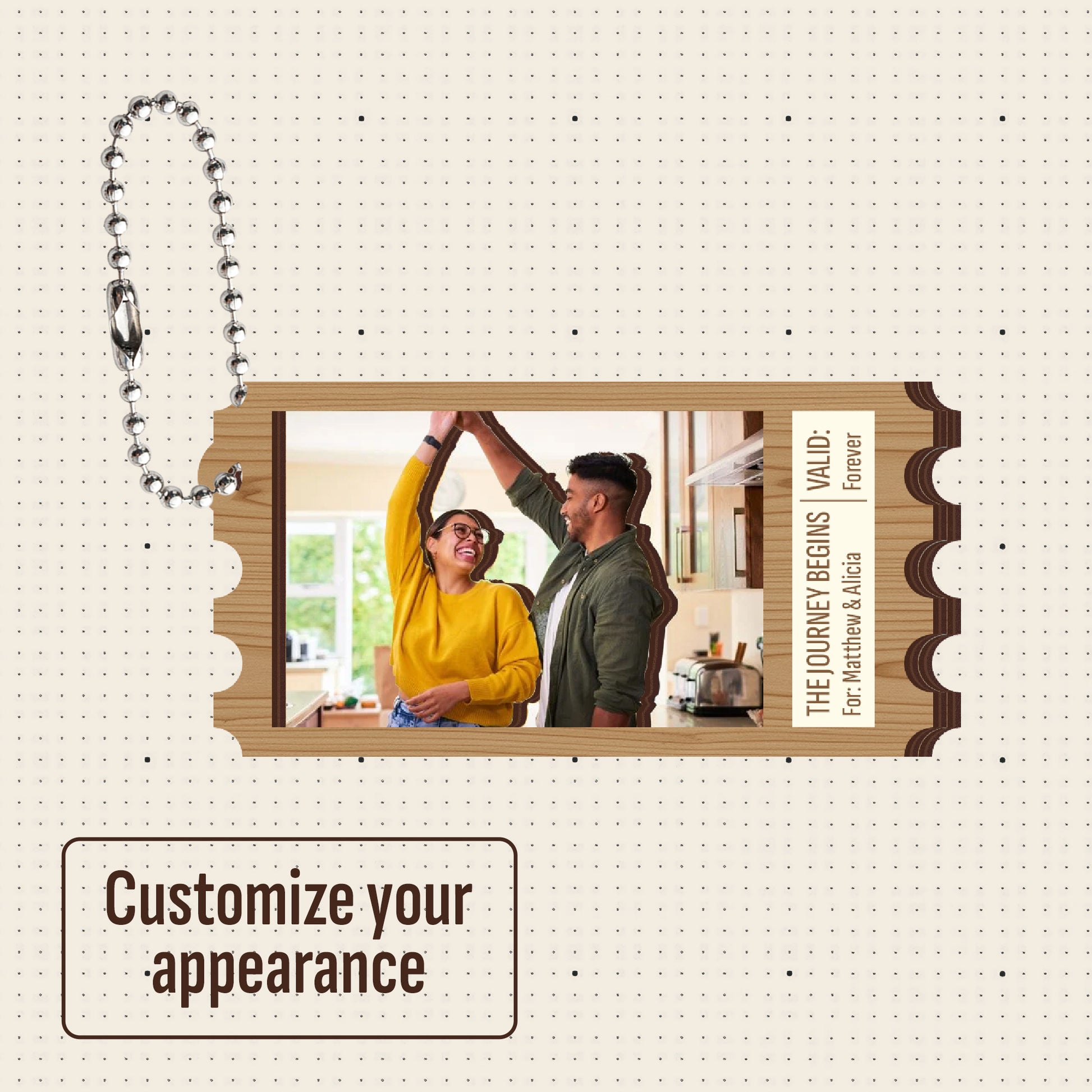 Personalized double-layer wooden keychain with custom couple photo, featuring a cut-out couple design, engraved “The Journey Begins” text, and metal ball chain, shown with customizable appearance option.