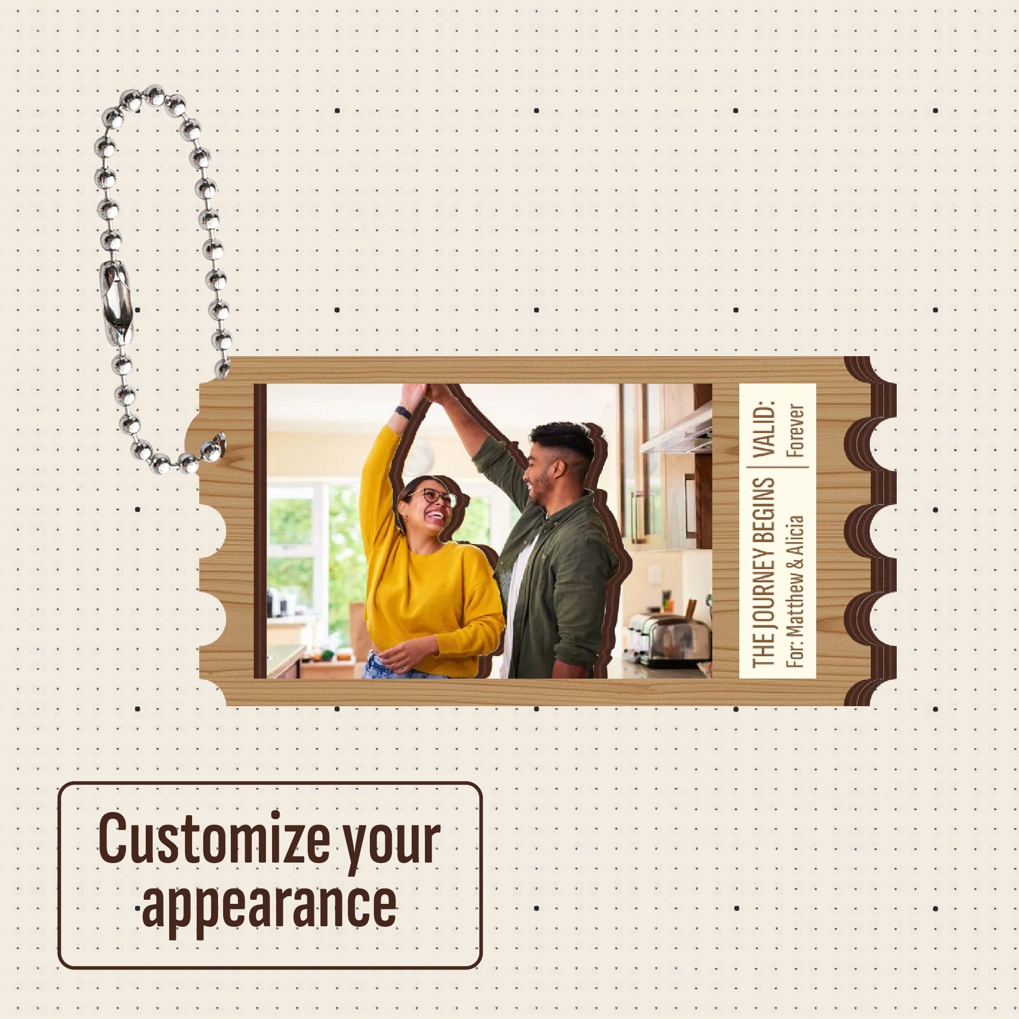 Personalized double-layer wooden keychain with custom couple photo, featuring a cut-out couple design, engraved “The Journey Begins” text, and metal ball chain, shown with customizable appearance option.