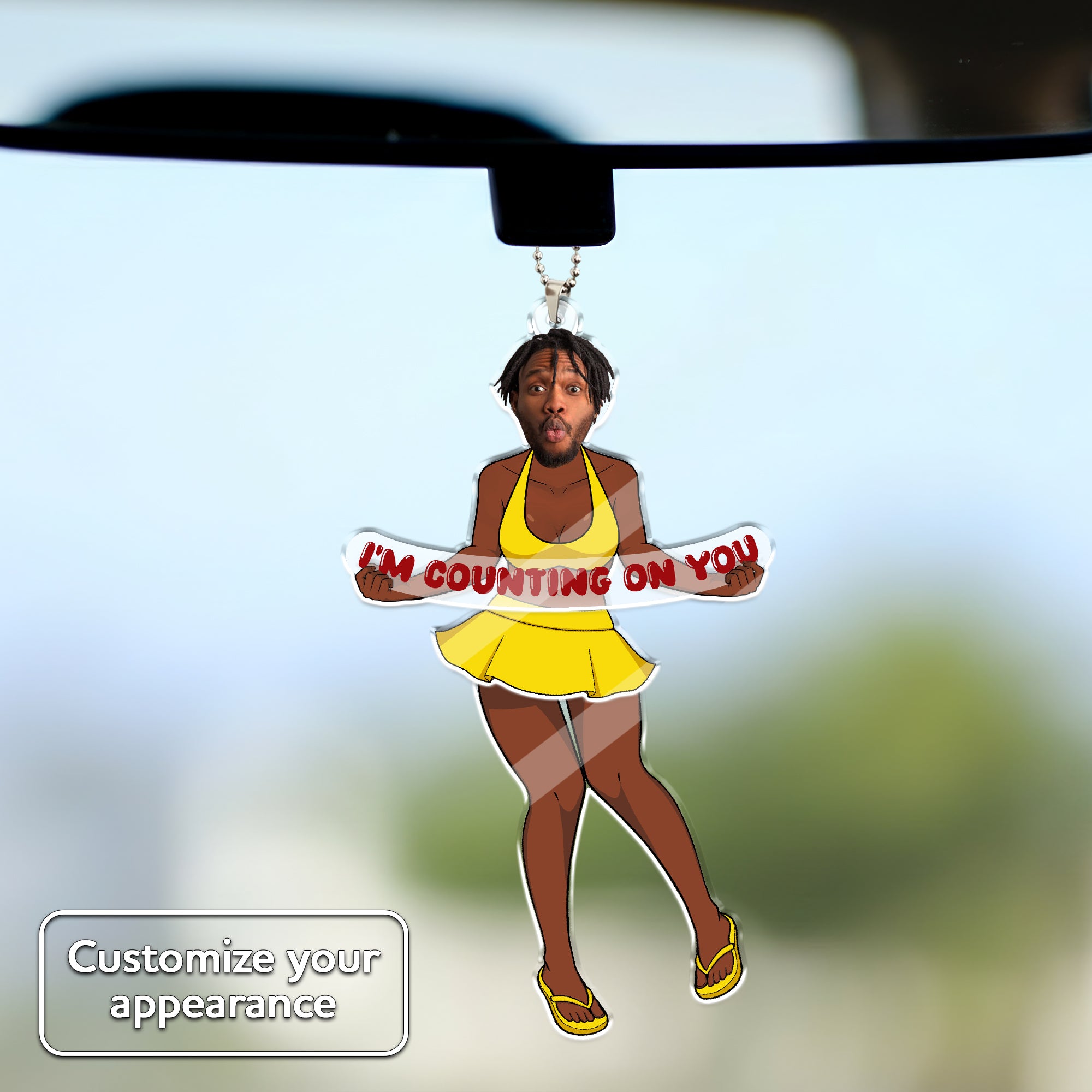 Custom swaying car ornament with personalized photo face, yellow dress girl holding an “I’m Counting on You” quote, funny drive safe gift for him.