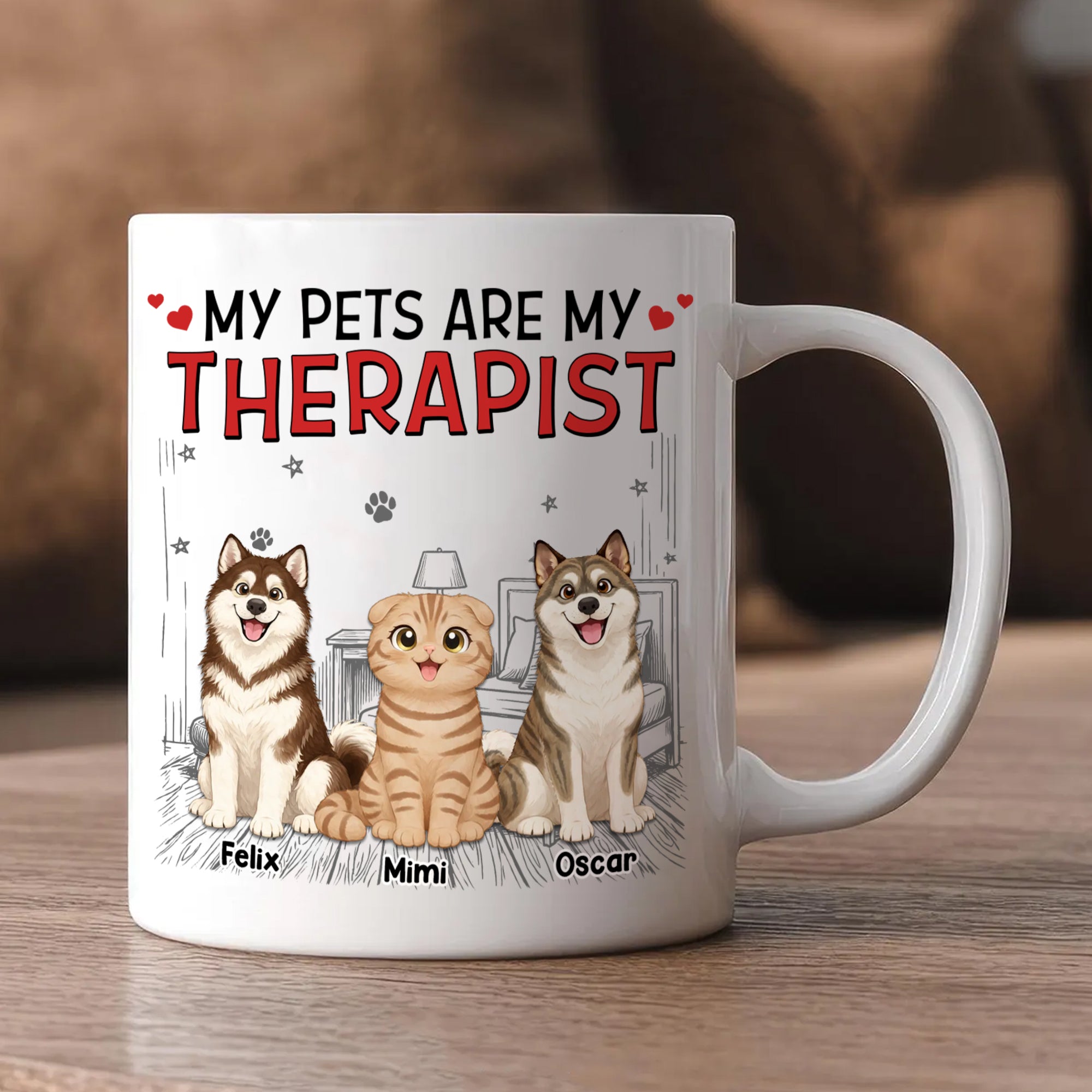 Custom Pet Lover Mug – Personalized 3D Effect Coffee Mug – My Pet Is My Therapist Gift