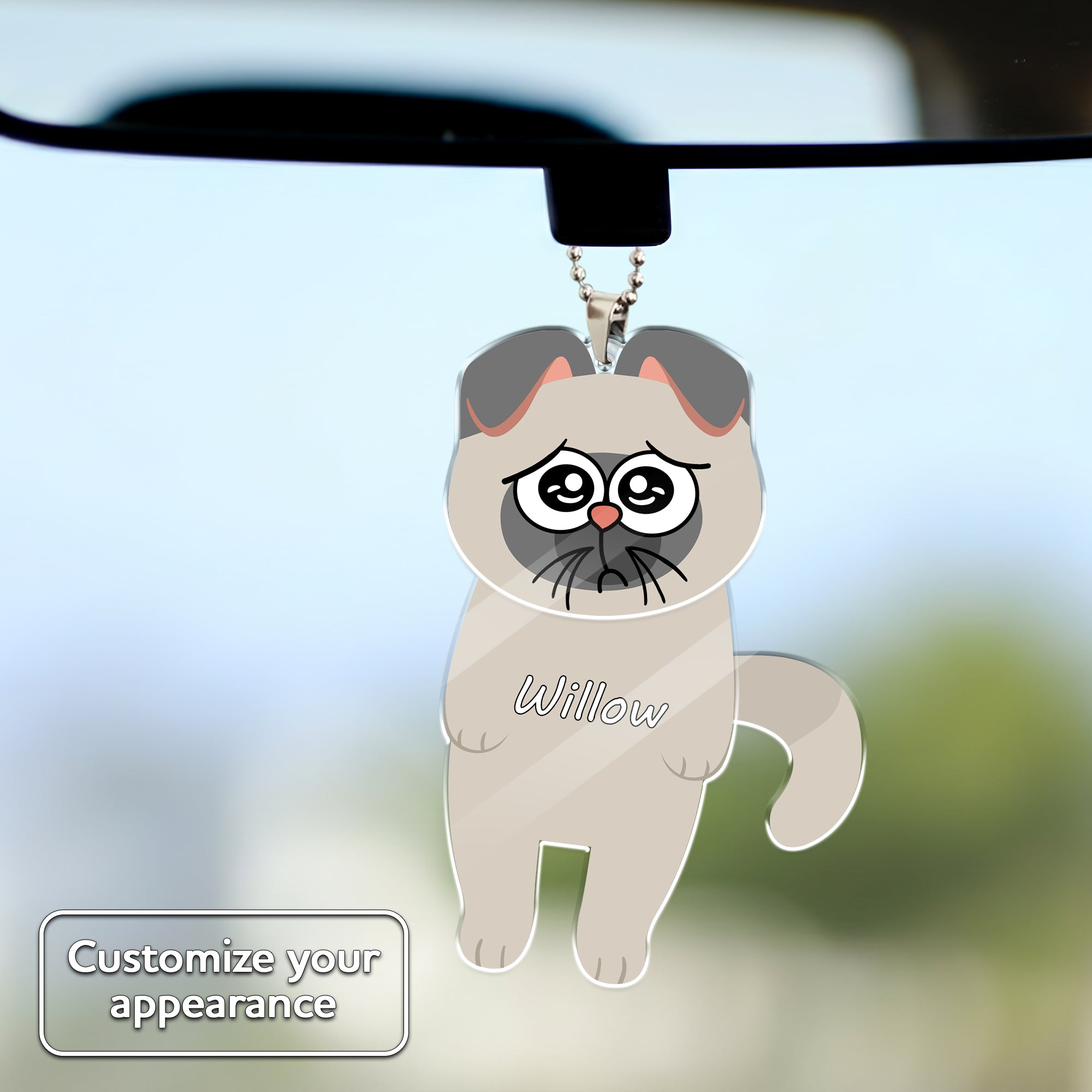 Customizable swaying cat ornament showing different cat appearance and facial style, personalized name option, unique car accessory gift for cat lovers