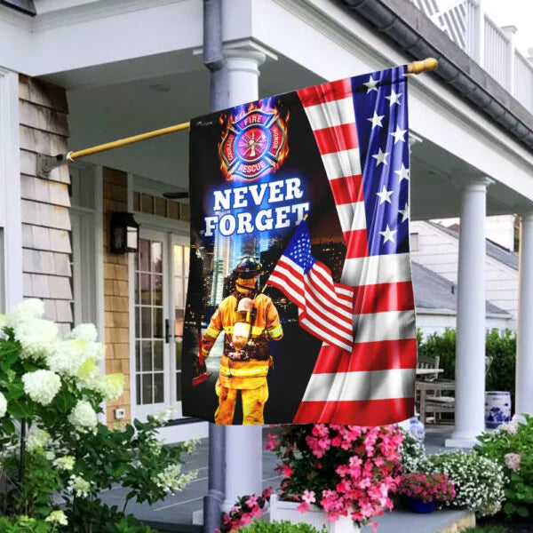 9/11 Patriotic Memorial Flag - “Never Forget” Firefighter Tribute with American Flag and City Skyline-W180725-02-mk-1
