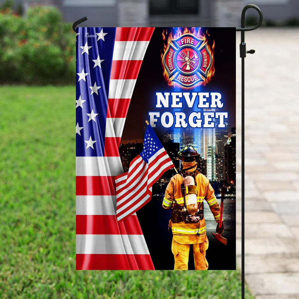9/11 Patriotic Memorial Flag - “Never Forget” Firefighter Tribute with American Flag and City Skyline-W180725-02-mk-2