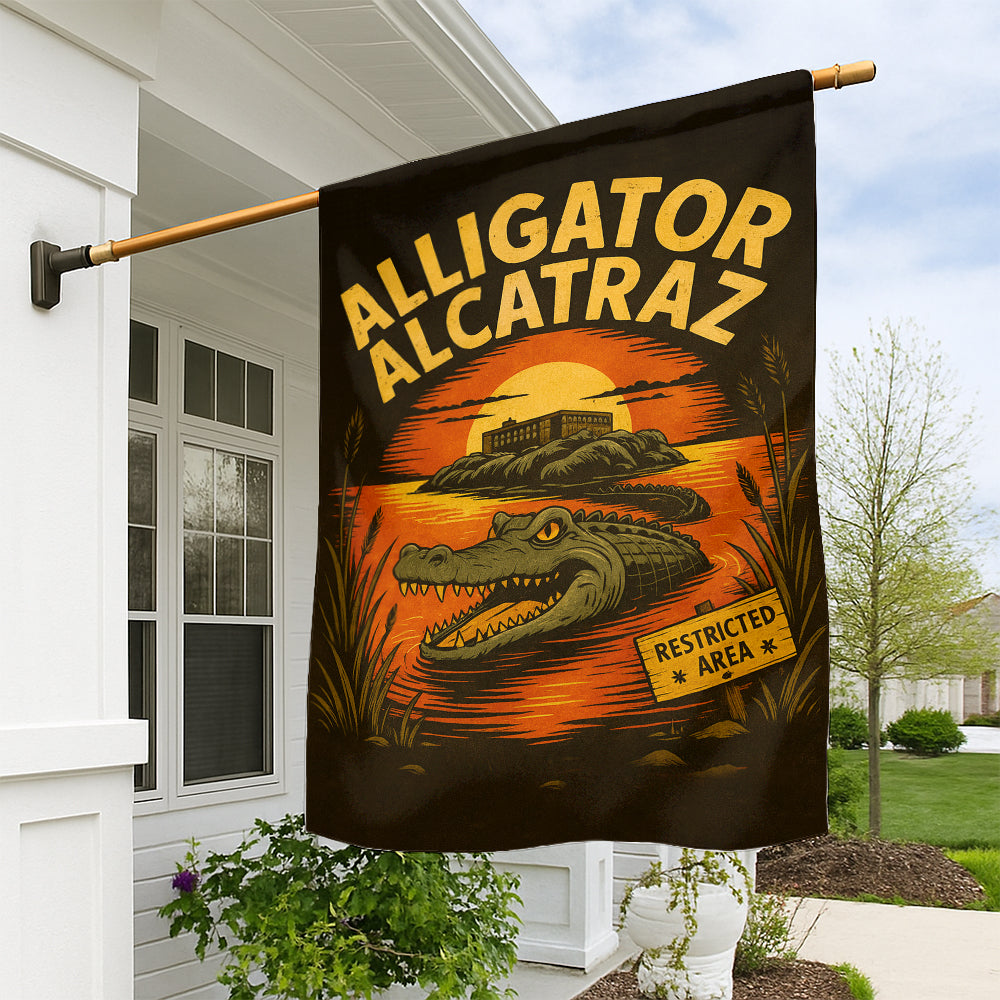 Alligator Alcatraz Flag - Retro Sunset Design with Restricted Area Sign-W140725-3-mk1