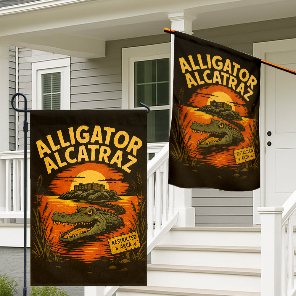 Alligator Alcatraz Flag - Retro Sunset Design with Restricted Area Sign-W140725-3-mk2
