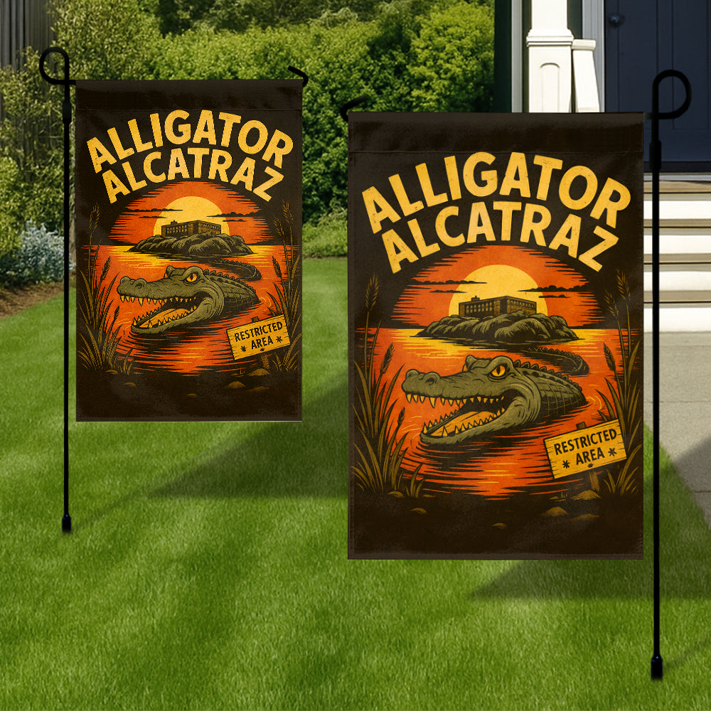 Alligator Alcatraz Flag - Retro Sunset Design with Restricted Area Sign-W140725-3-mk3