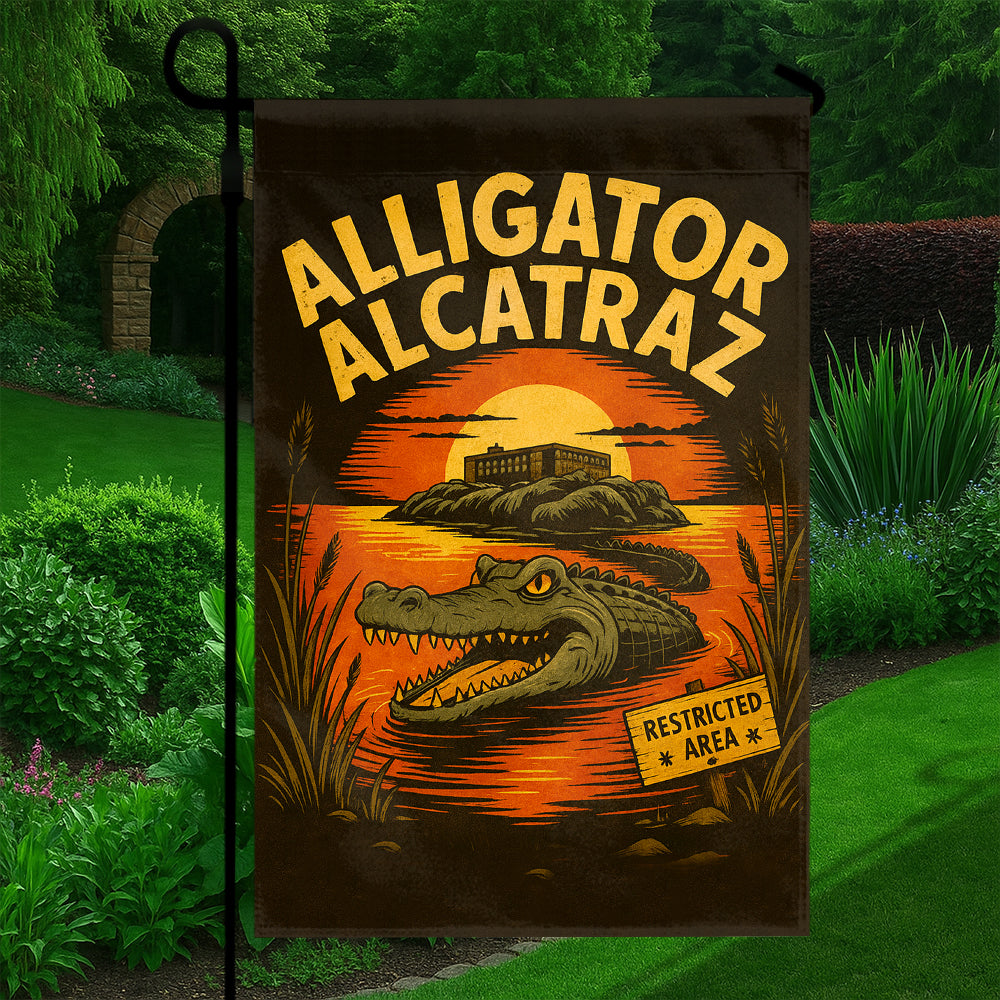 Alligator Alcatraz Flag - Retro Sunset Design with Restricted Area Sign-W140725-3-mk5