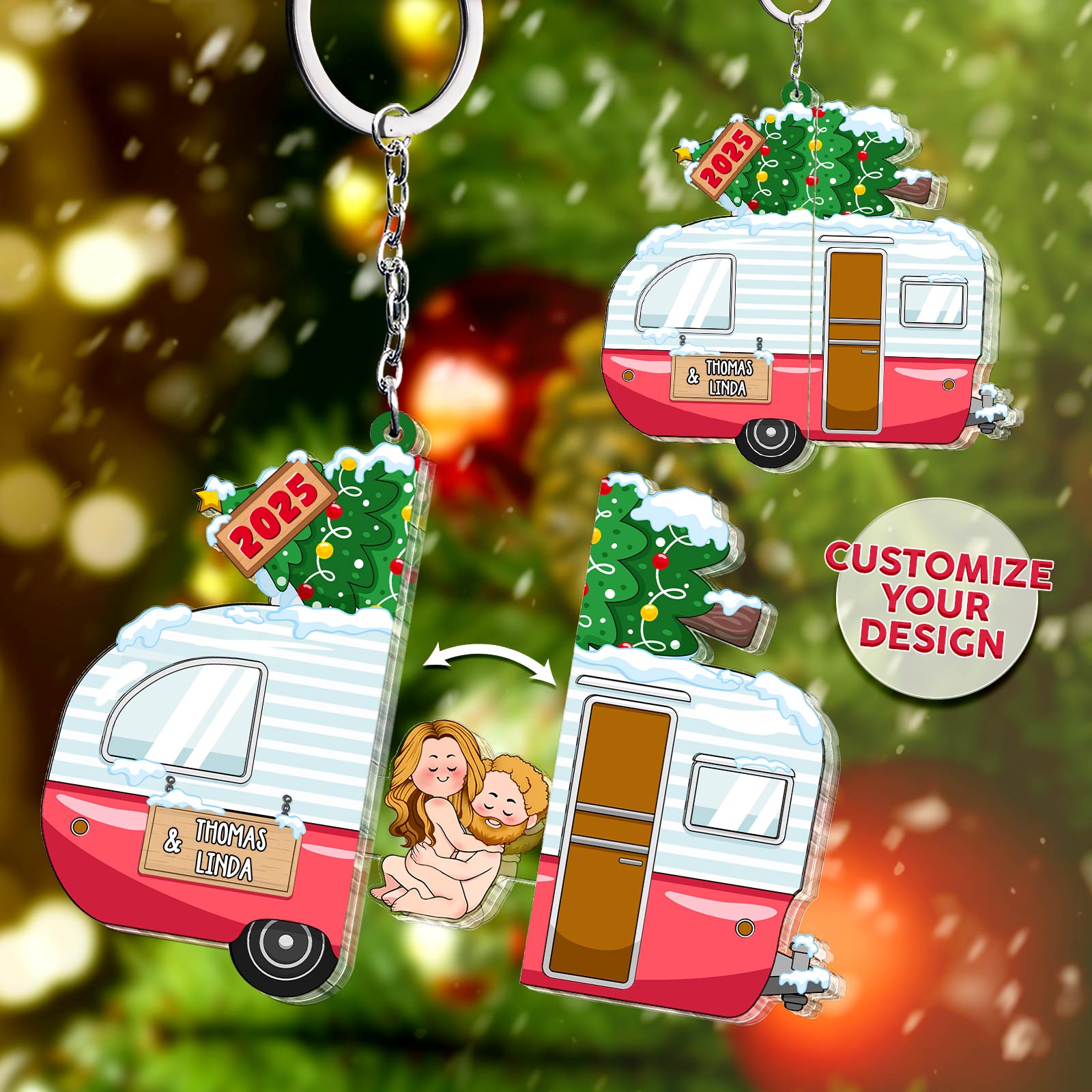 Camper Christmas With Funny Couple Design - Personalized Sliding Reveal Ornament-Mockup-Ads