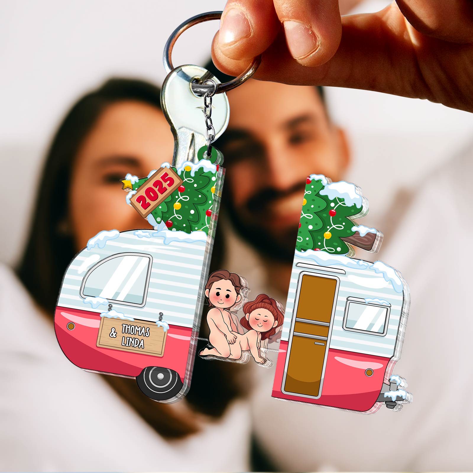 Camper Christmas With Funny Couple Design - Personalized Sliding Reveal Ornament-Mockup1