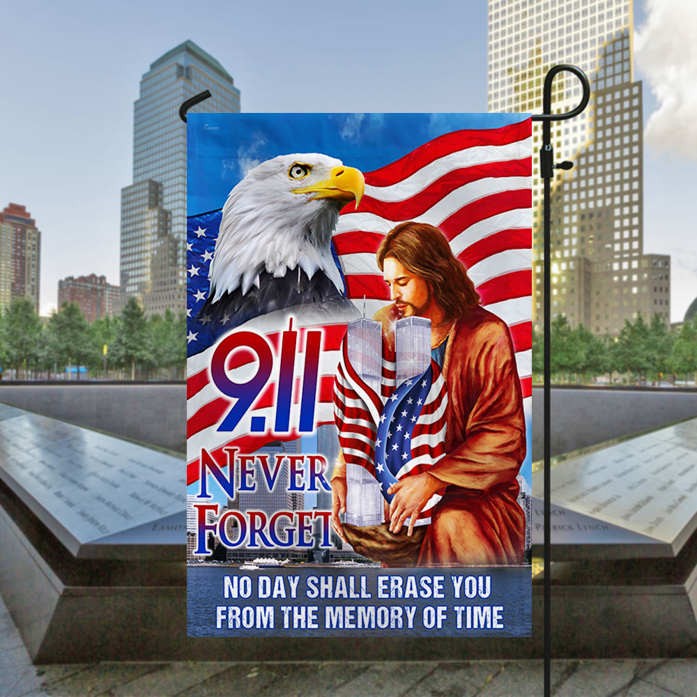 Christian 9/11 Never Forget Memorial Flag - Jesus Holding Twin Towers with American Eagle and Flag-W240725-04-mk1