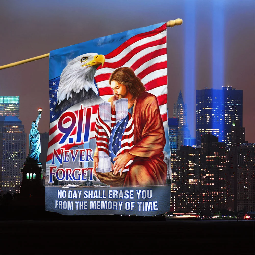 Christian 9/11 Never Forget Memorial Flag - Jesus Holding Twin Towers with American Eagle and Flag-W240725-04-mk2