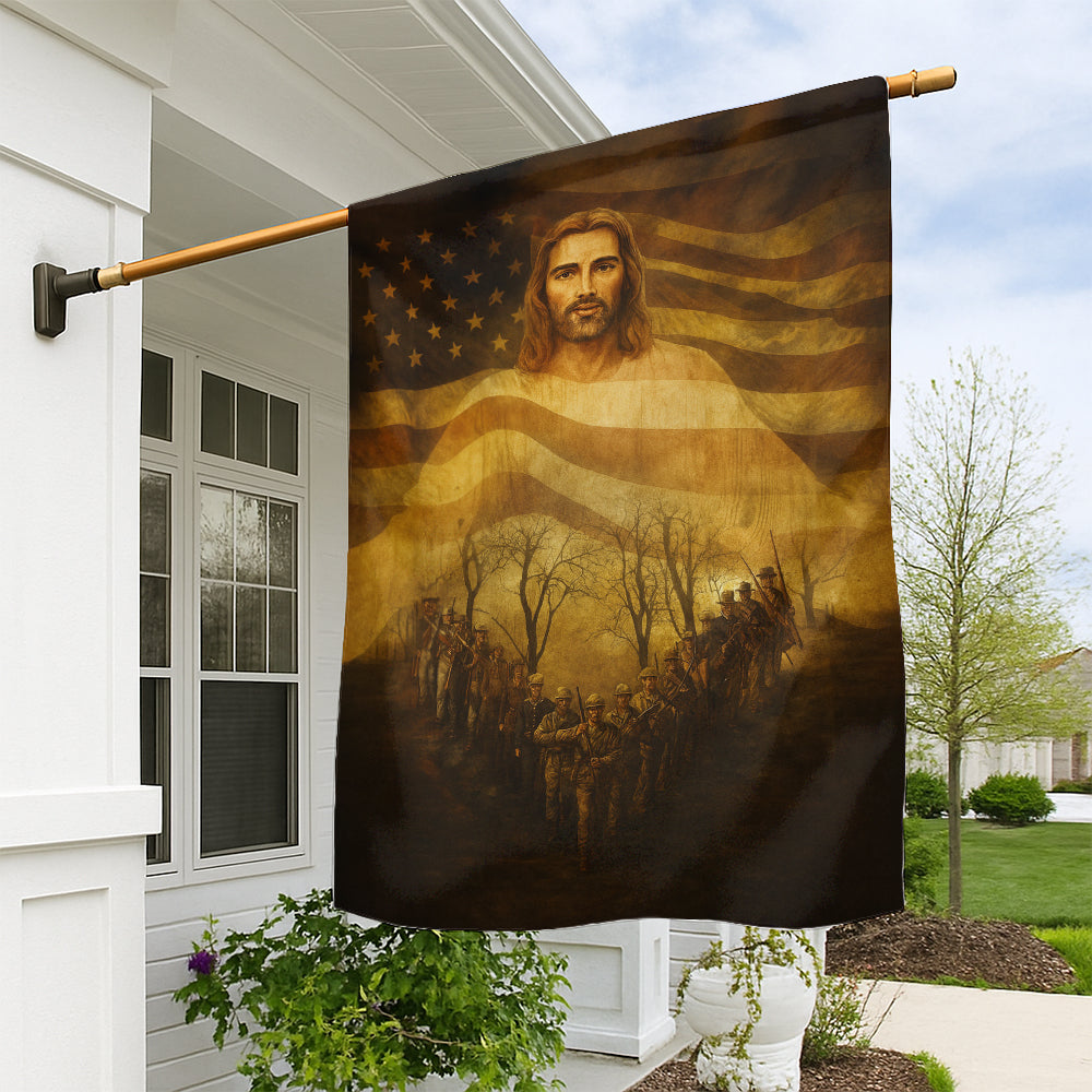 Christian American Flag - Jesus Watching Over Soldiers with Patriotic Heart-Shaped March-W080725-13-mk1
