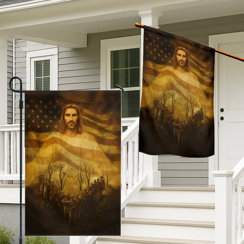 Christian American Flag - Jesus Watching Over Soldiers with Patriotic Heart-Shaped March-W080725-13-mk2