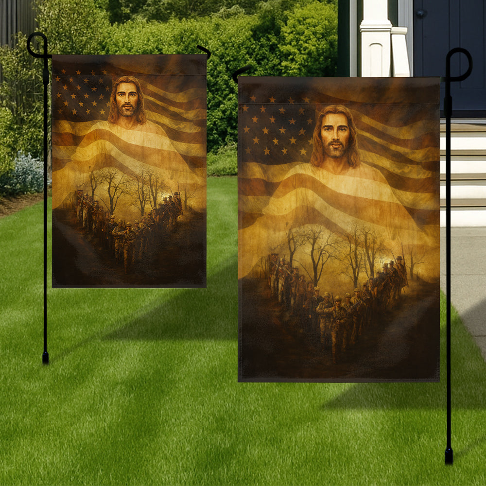 Christian American Flag - Jesus Watching Over Soldiers with Patriotic Heart-Shaped March-W080725-13-mk3