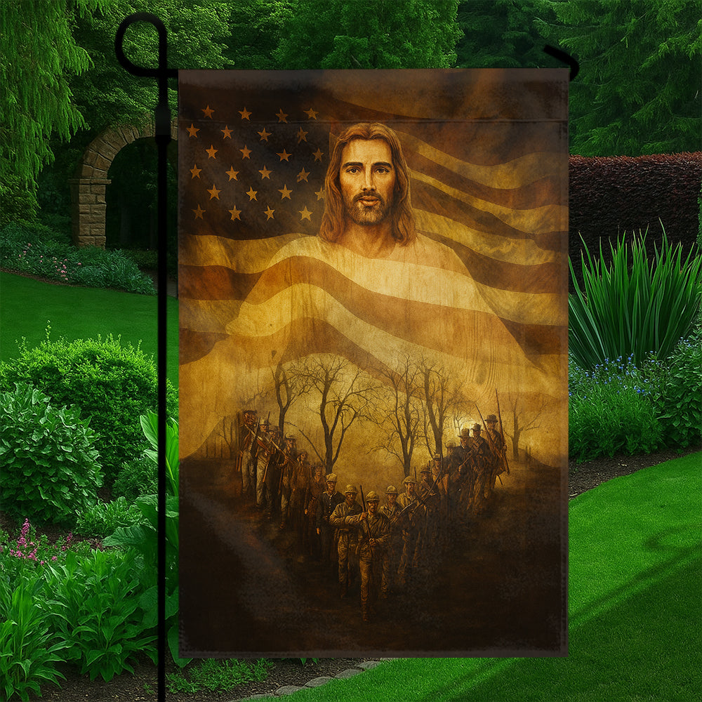 Christian American Flag - Jesus Watching Over Soldiers with Patriotic Heart-Shaped March-W080725-13-mk5
