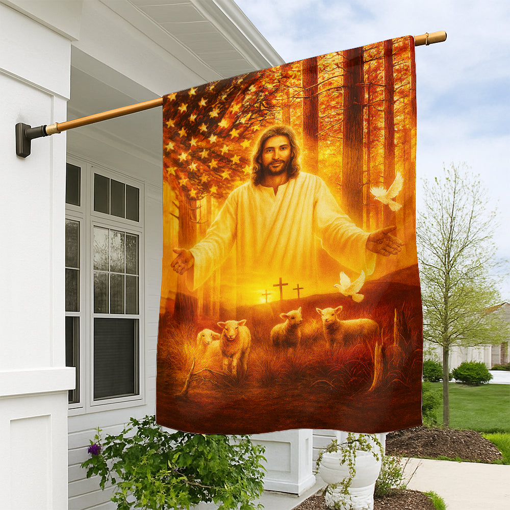 Christian American Flag - Jesus with Lambs and Crosses in Patriotic Forest Sunrise Scene-W080725-12-mk1