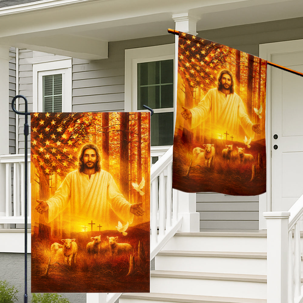 Christian American Flag - Jesus with Lambs and Crosses in Patriotic Forest Sunrise Scene-W080725-12-mk2